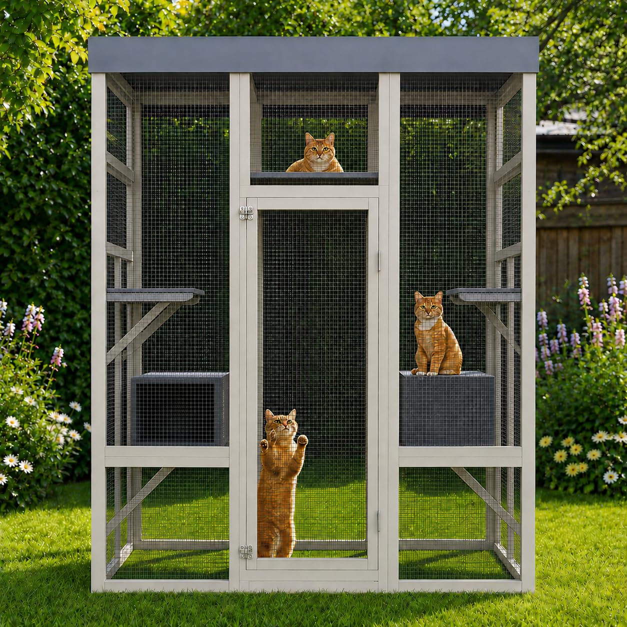 DEXSO 70in Outdoor Wood Catio with 2 Boxes 5 Platforms