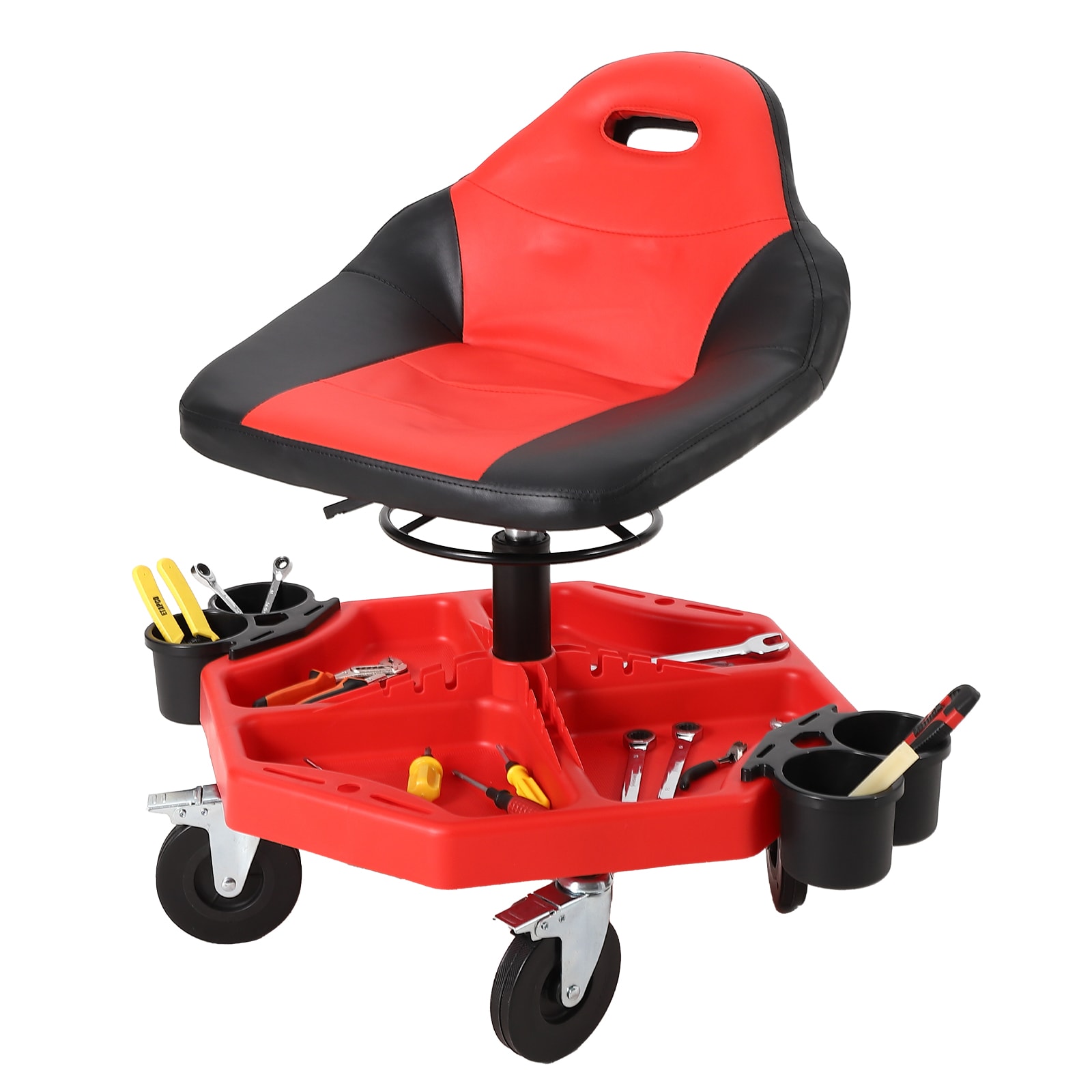 Garvee Adjustable Rolling Garage Mechanic Stool 300 Lbs Capacity Heavy Duty Steel Creeper Chair with Padded Seat and Magnetic Tool Tray Red