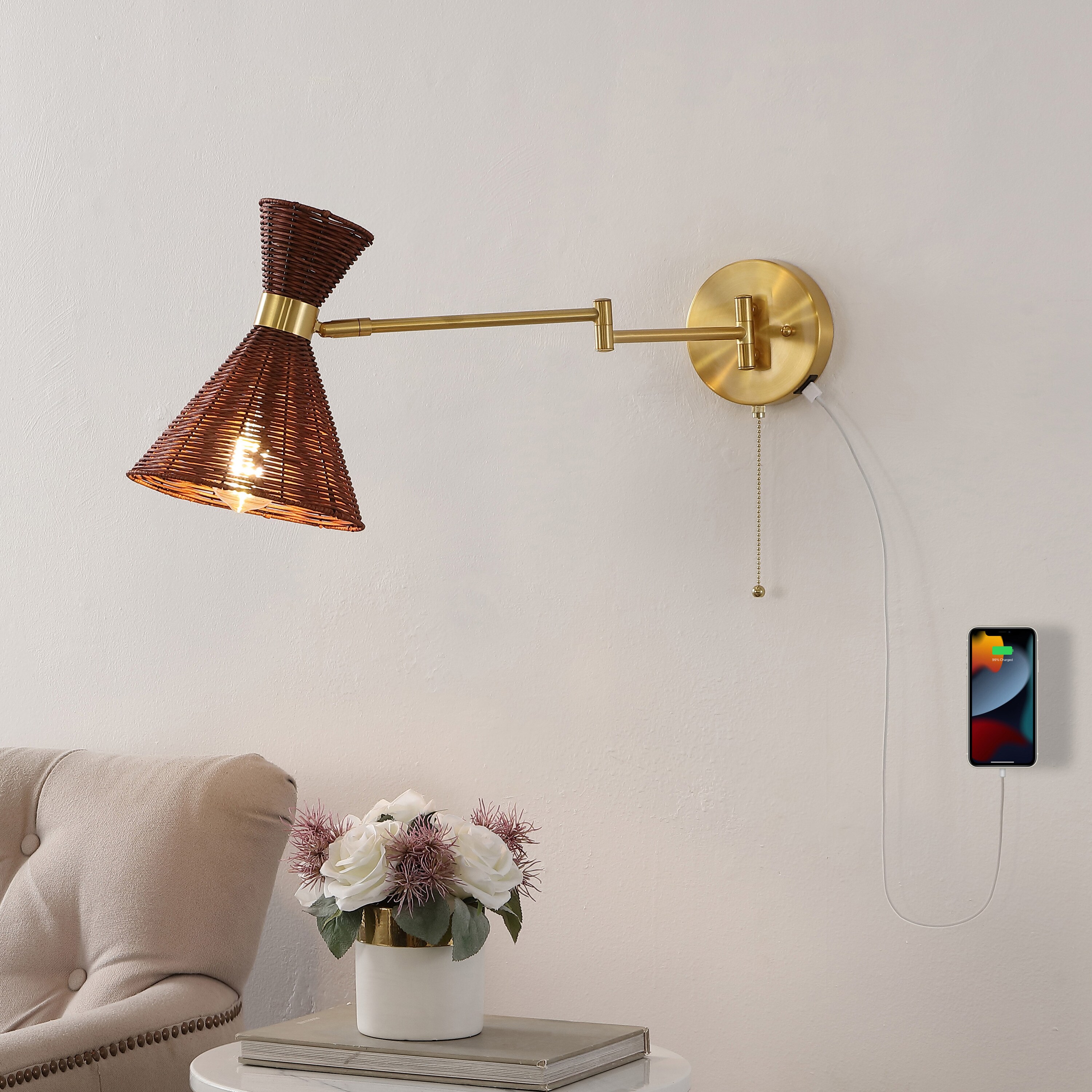 JONATHAN  Y JYL1603B Lily Retro Rattan/Metal USB Charging 8-in W 1 -Light Polished Brown Bohemian/global Wall Sconce