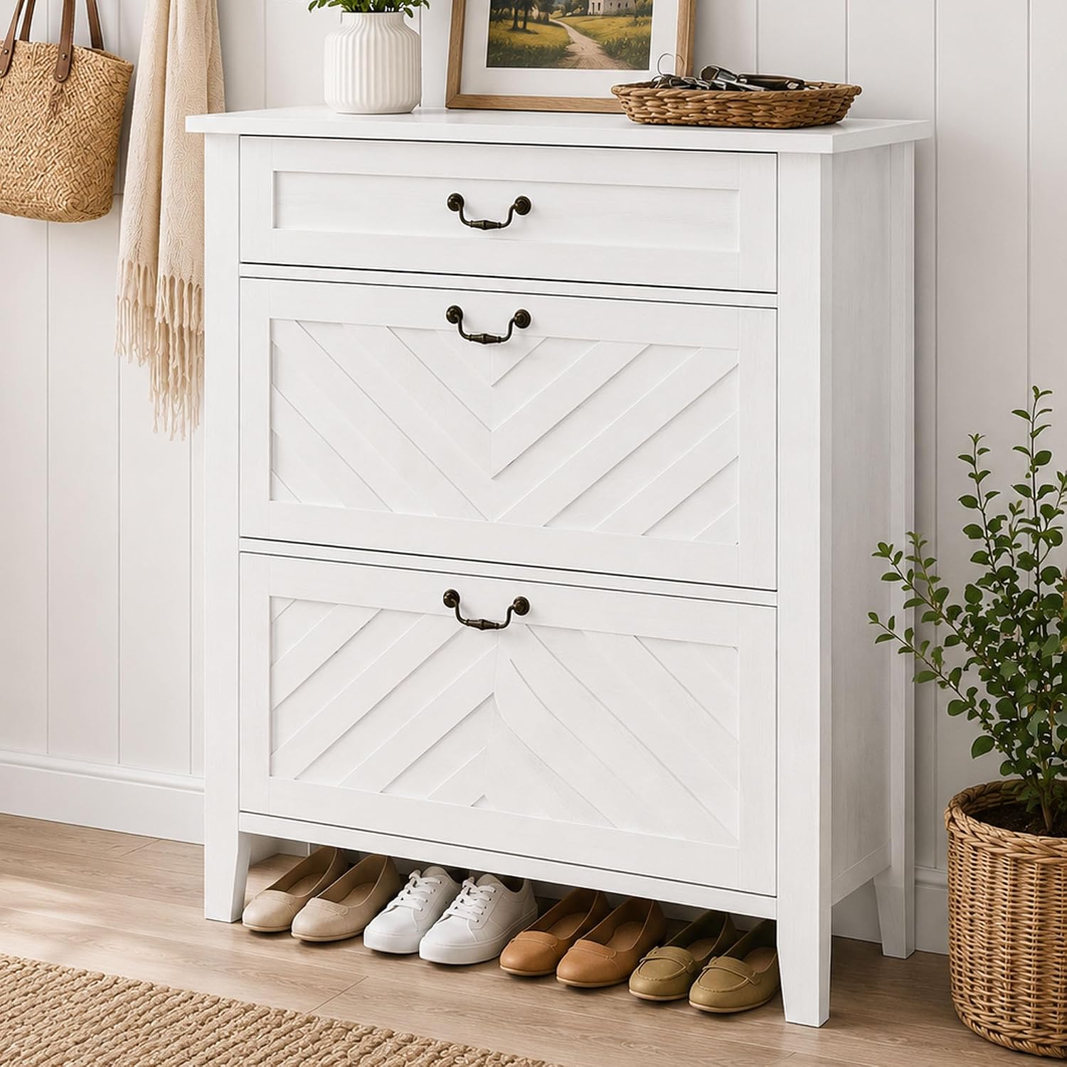 GAOMON 32in Shoe Cabinet with 2 Flip Drawers - Slim Wooden Shoe Storage Organizer for 12-18 Pairs - White Entryway Shoe Rack