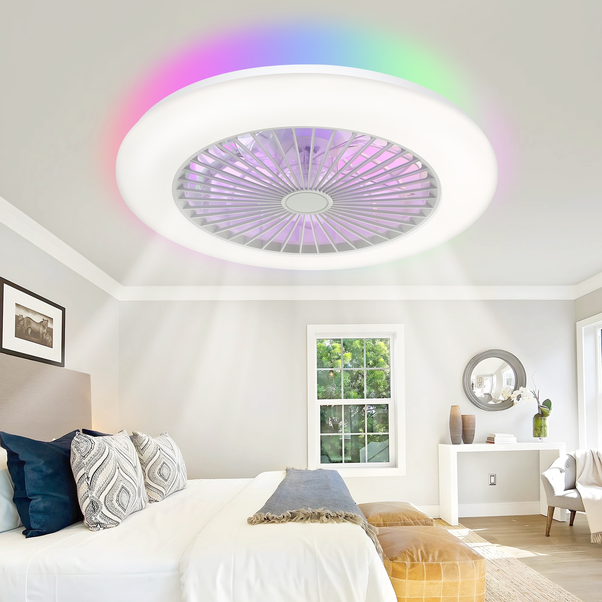 Breezary 24032-WH 19-in Color-Changing Integrated LED Flush Mount Matte White with Clear Blades Fandelier Ceiling Fan With Light - Remote Included ( 5 -Blade )