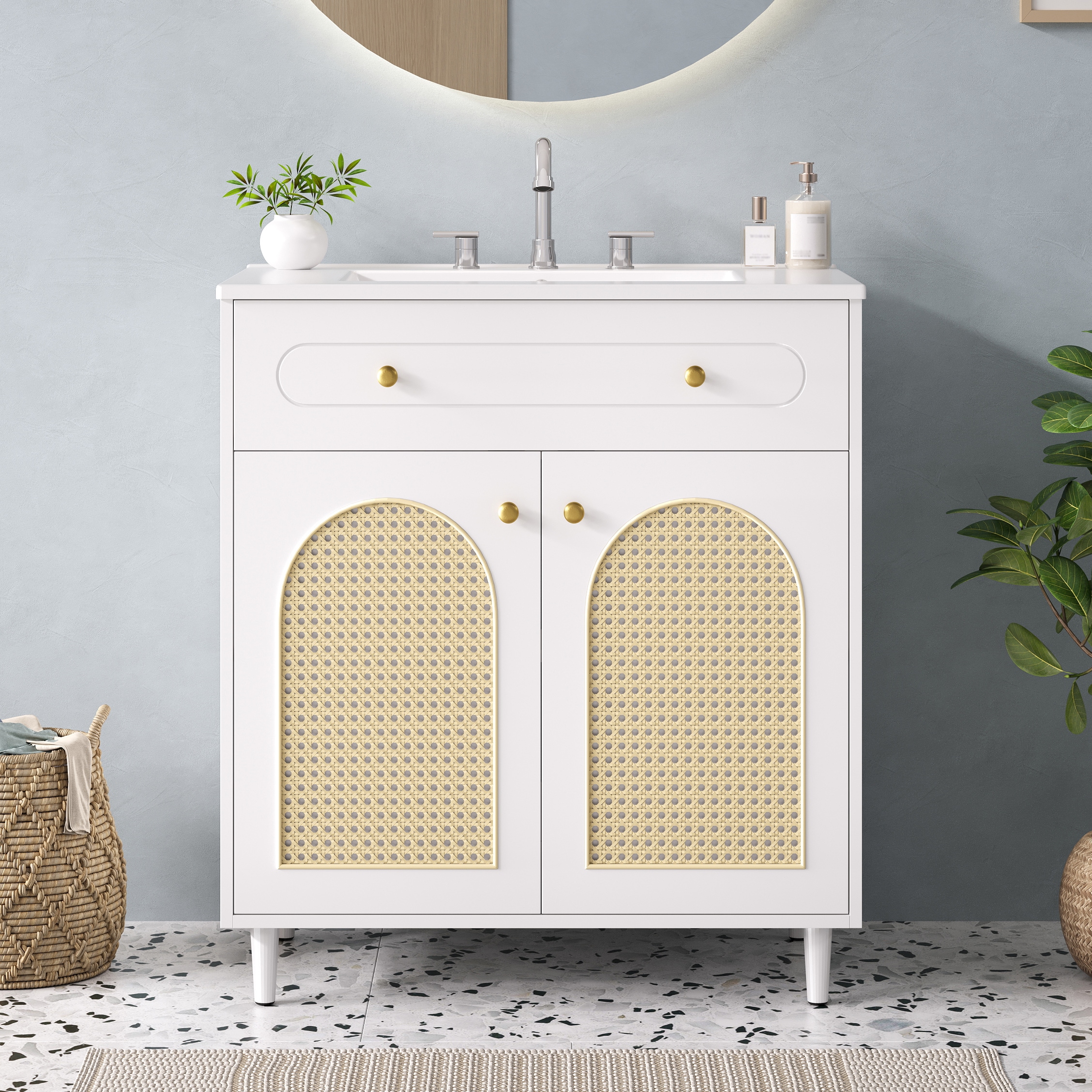 Vynxaria - 30-in White Tip-Out storage Single-Sink Bathroom Vanity with Ceramic Sink