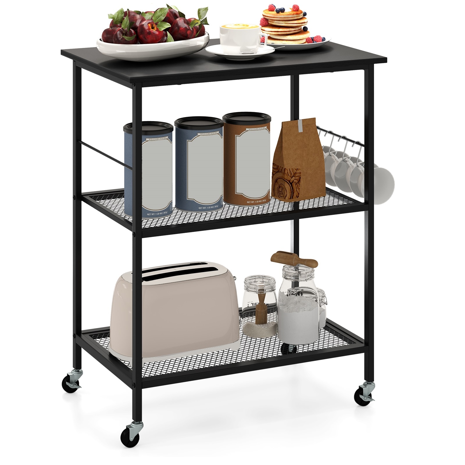 Slickblue - Rolling Coffee/Black Kitchen Serving Cart with Open Shelves and Hooks for Kitchen Din...
