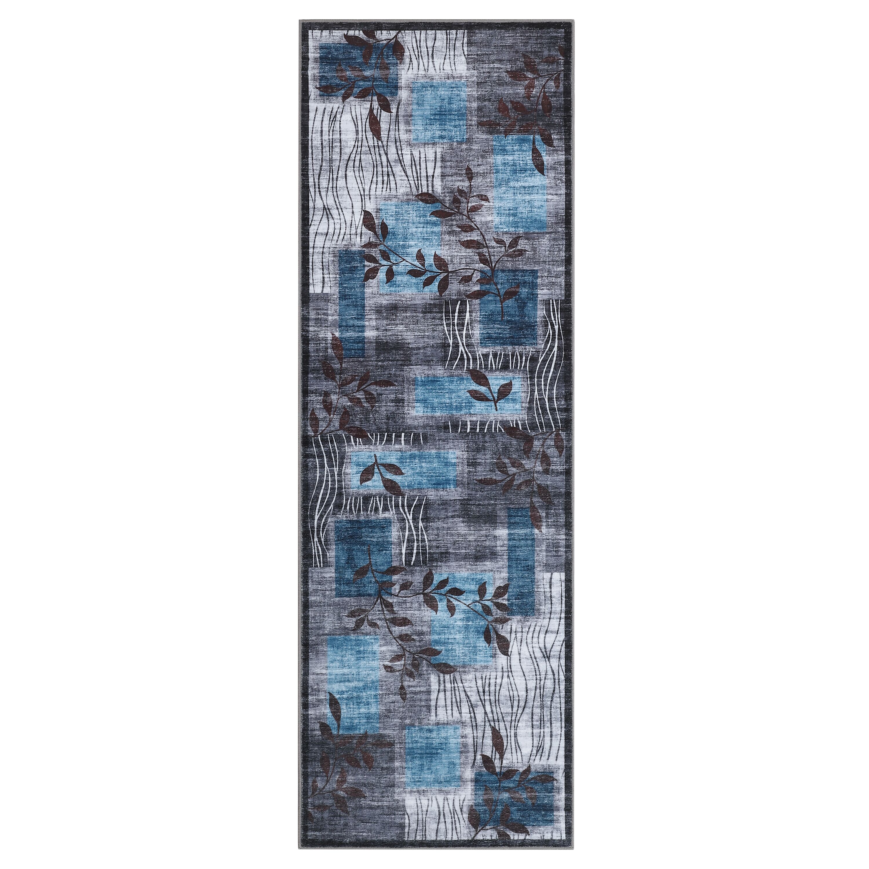 Qeetex LSN-PHO-339L9JKA 2 x 6 ft Polyester Pearl Velvet Blue Gray Rectangular Hallway Bathroom Entryway Kitchen Office Foldable Leaves Printed Modern Washable Area Rug