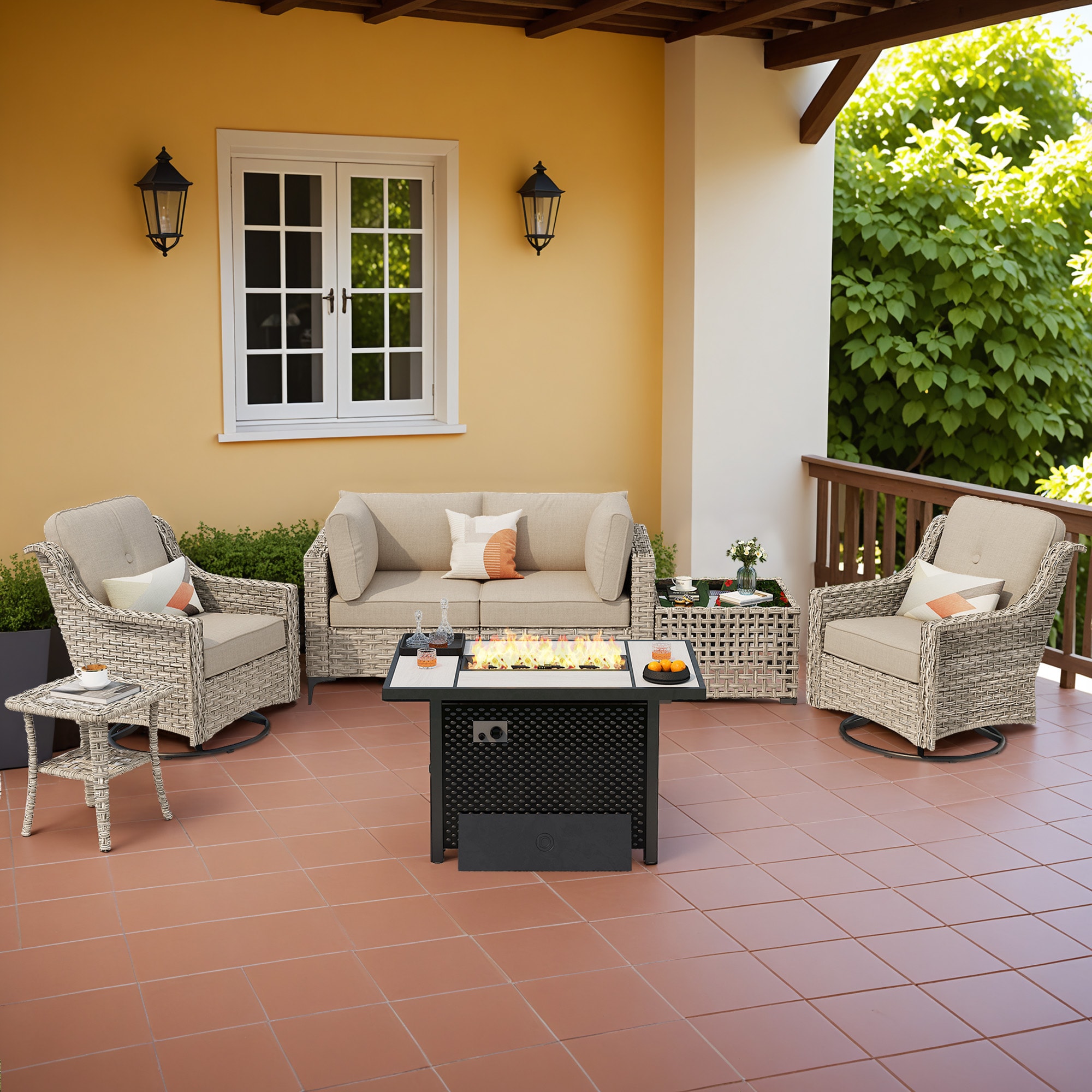 ALTRIGUS 6L-CFP03-YZSKT607-AL 7 -Piece Wicker Patio Sofa Conversation Set with Beige Cushions