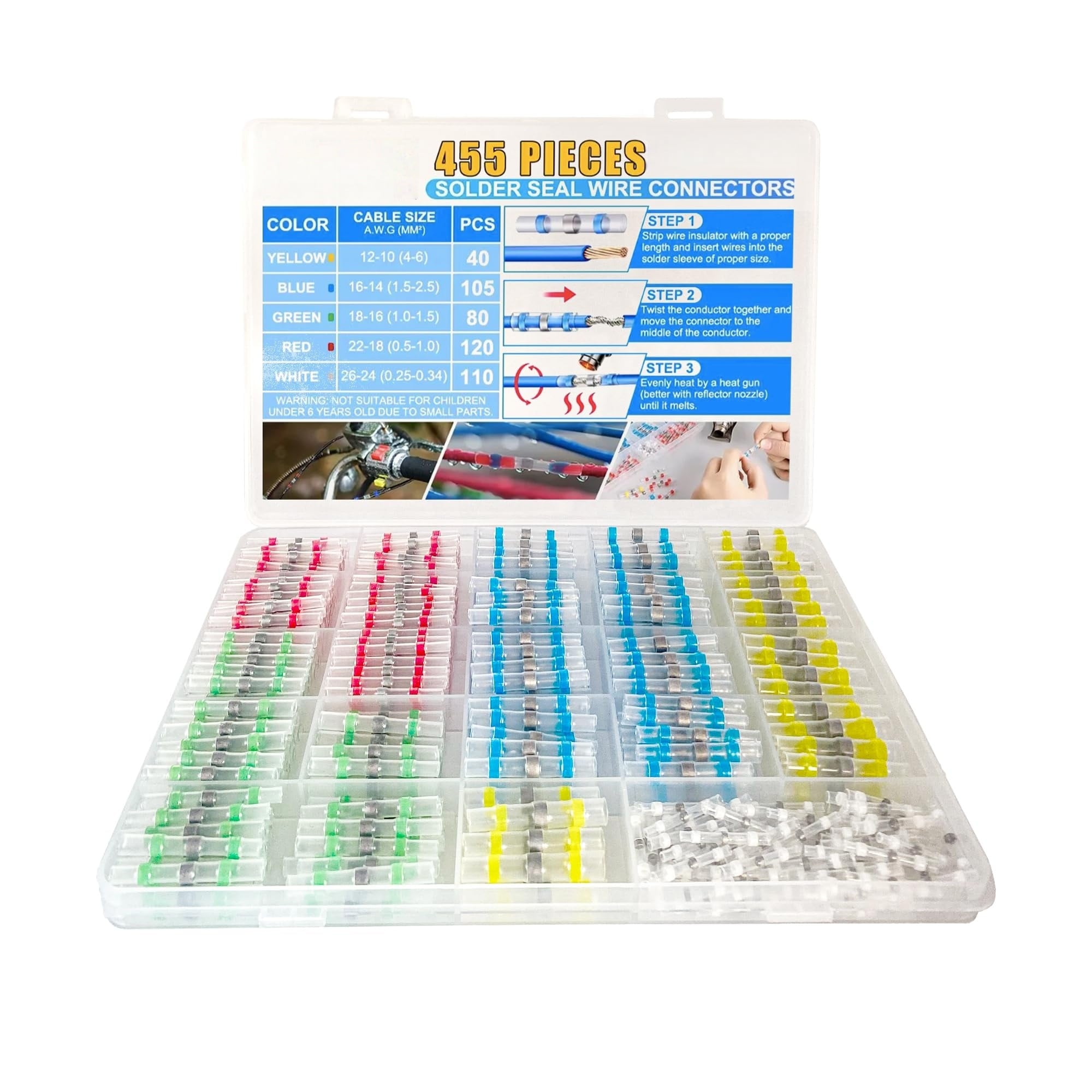 OGETFUUR 455-Piece Waterproof Heat Shrink Self Soldering Butt Connector with 5-Color 5-Size 26-10 AWG for Electrical Wiring