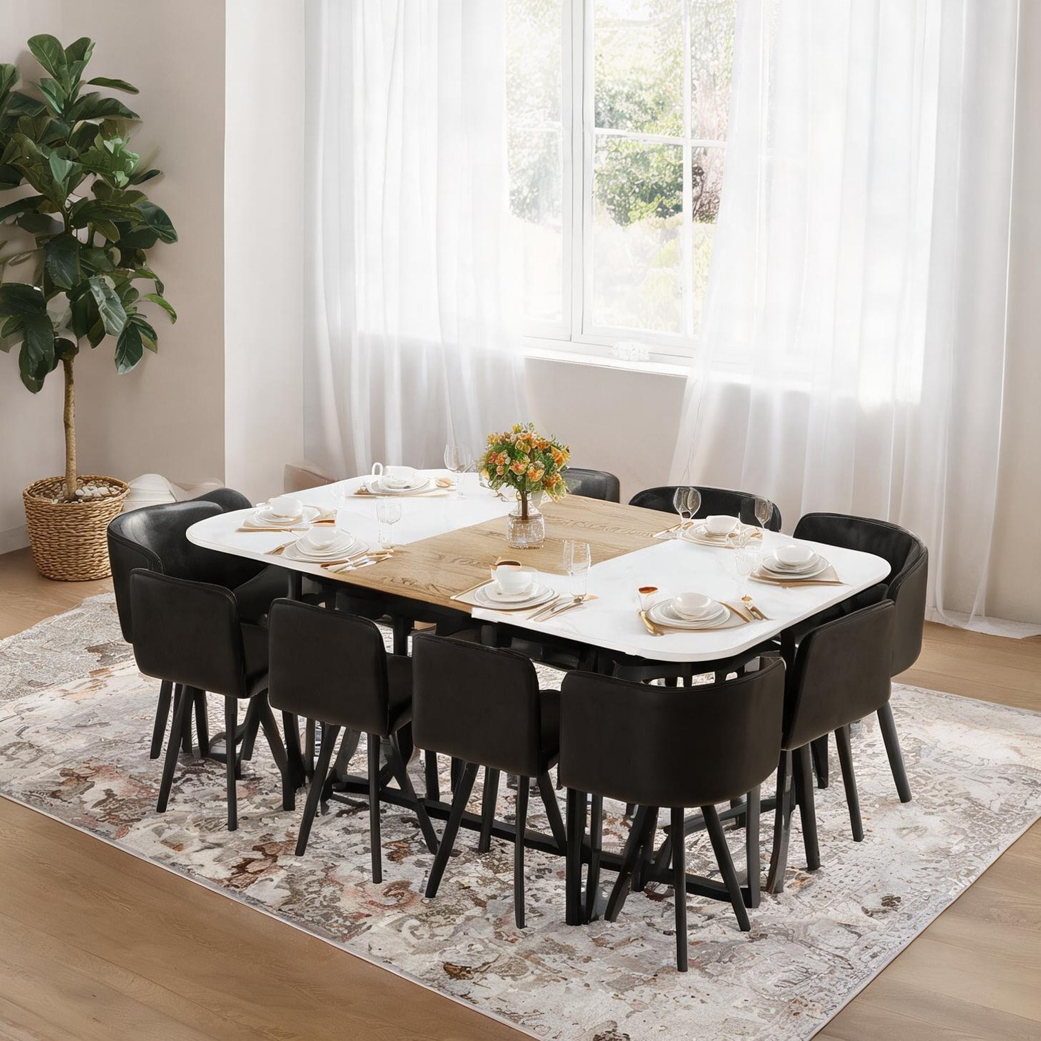 chillscreamni - White Faux Marble Wood 9-Piece Square Dining Set with 8 Faux Leather Chairs Seats 8