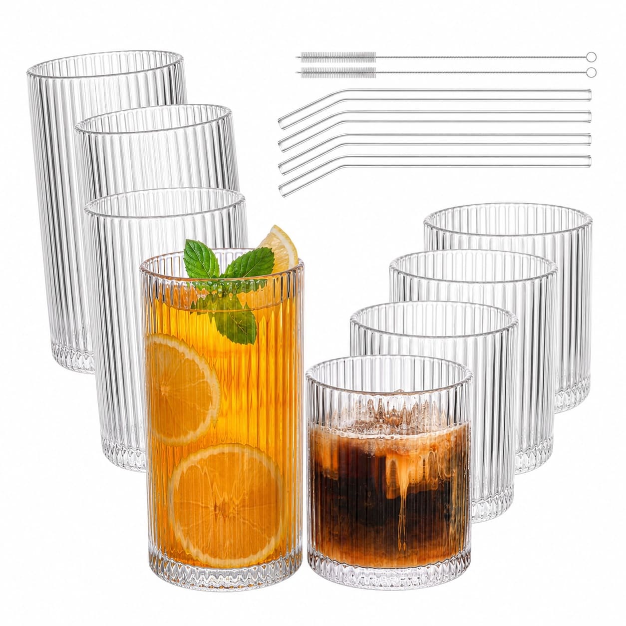 Baginizer 8 Piece Vintage Ribbed Glassware Set Dual Capacity Drinking Glasses For Cocktails Juice Whiskey