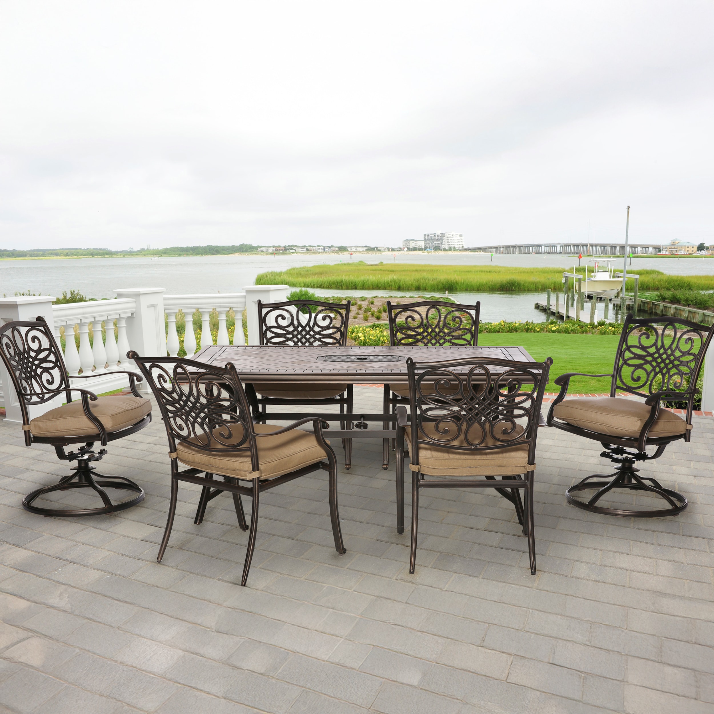Hanover MONDN7PCSW-2 Monaco 7 -Piece Bronze Patio Dining Set Aluminum Rectangle Table with 6 Tan Cushions Stationary and Motion Chairs