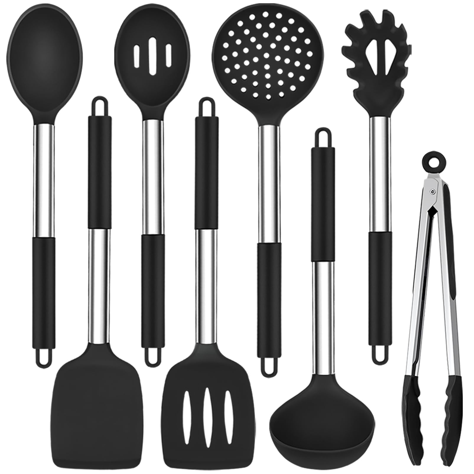DHMHD  Kitchen Utensils Set of 8 Silicone Utensils with Stainless Steel Handle for Frying Serving Flipping Draining Non Toxic Heatproof Nonstick