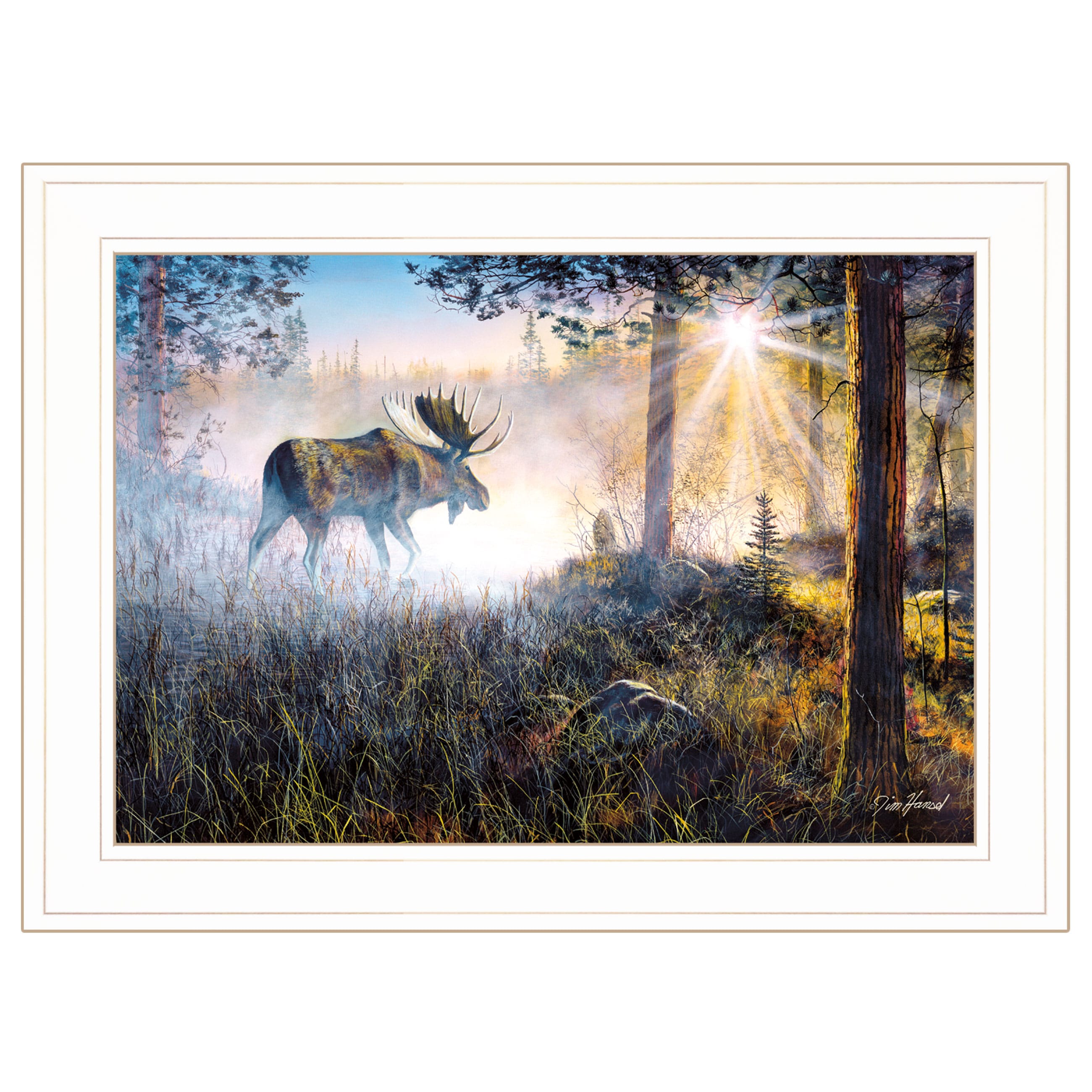 Trendy Decor 4U JH156-226G Walk In The Mist Collection Jim Hansen White Wood Framed 15-in H x 21-in W Animals Paper Print