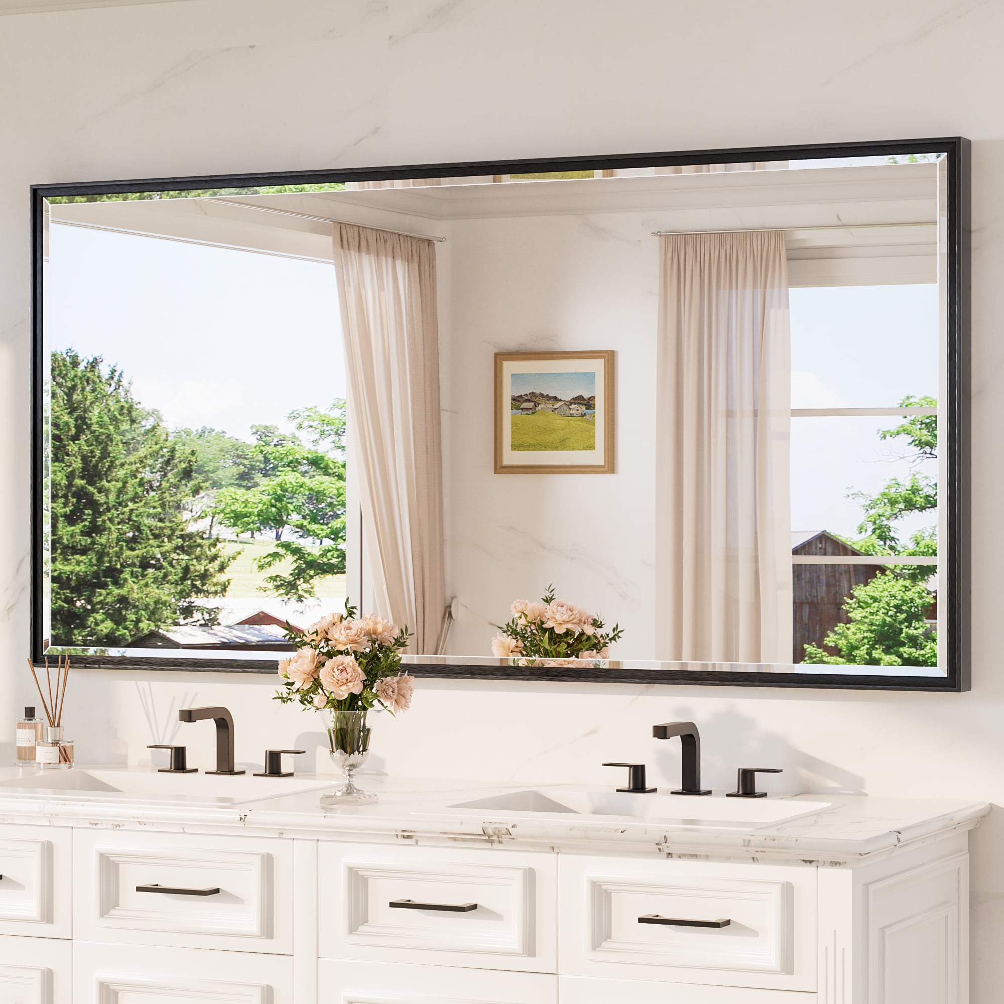 TETOTE Bathroom Mirrors 72x36 inch Beveled Rectangle Bathroom Vanity Mirror with Black Framed