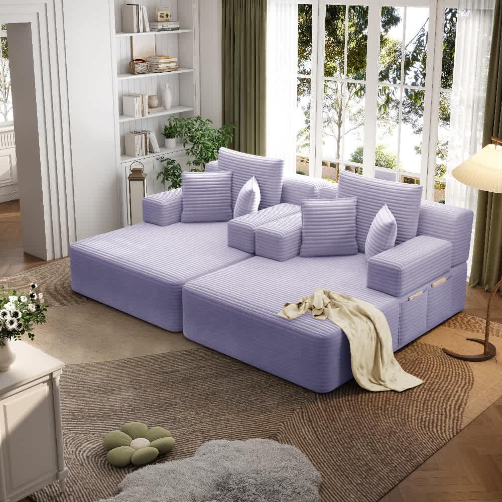 Coolbibila 2 Piece Convertible Chaise Lounge with Pillows Purple Corduroy Sofa with Storage Pocket