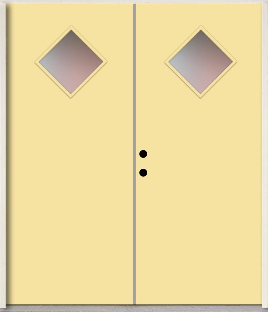 RELIABILT LO1067363 Spotlights 72-in x 80-in x Fiberglass 1/4 lite Right-hand inswing Cabana Yellow Paint Painted Prehung Double Front Door Insulating core