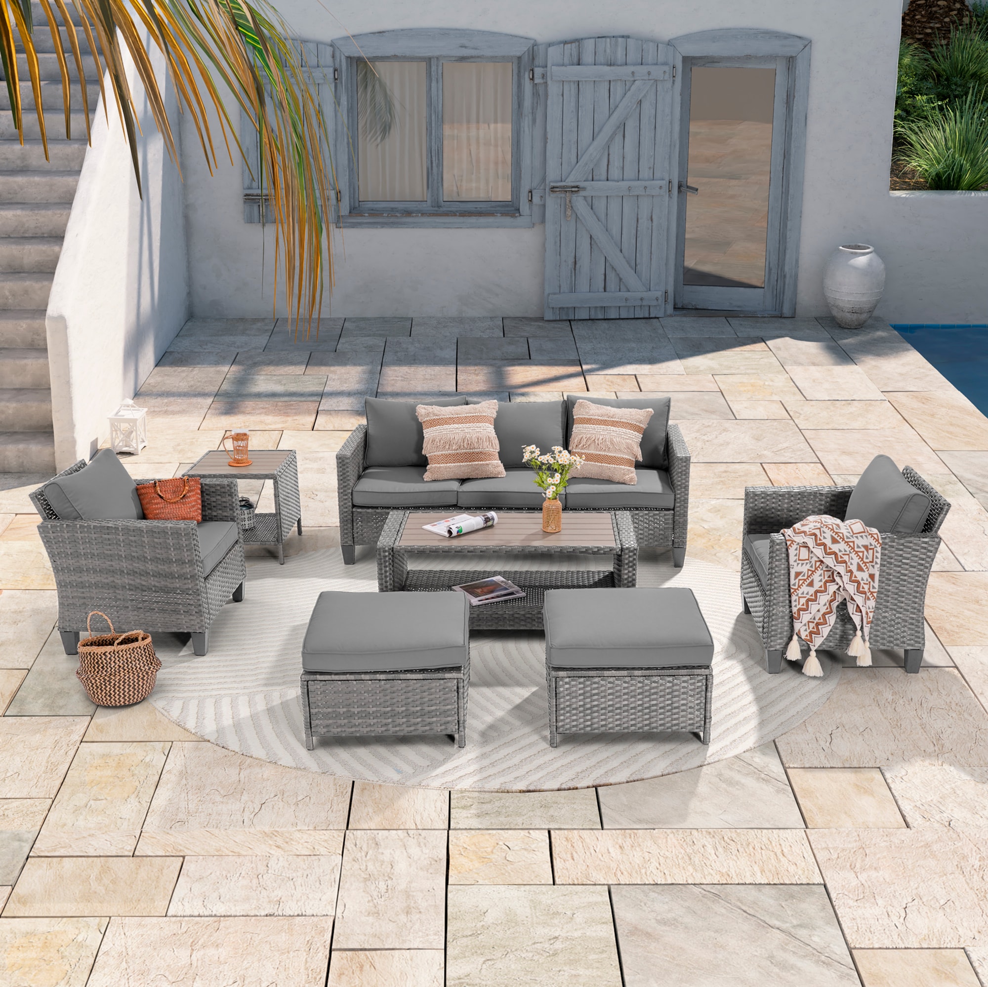 ACEGOSES LW-115HGY-S1T3 7 -Piece Wicker Patio Sofa Conversation Set with Gray Cushions