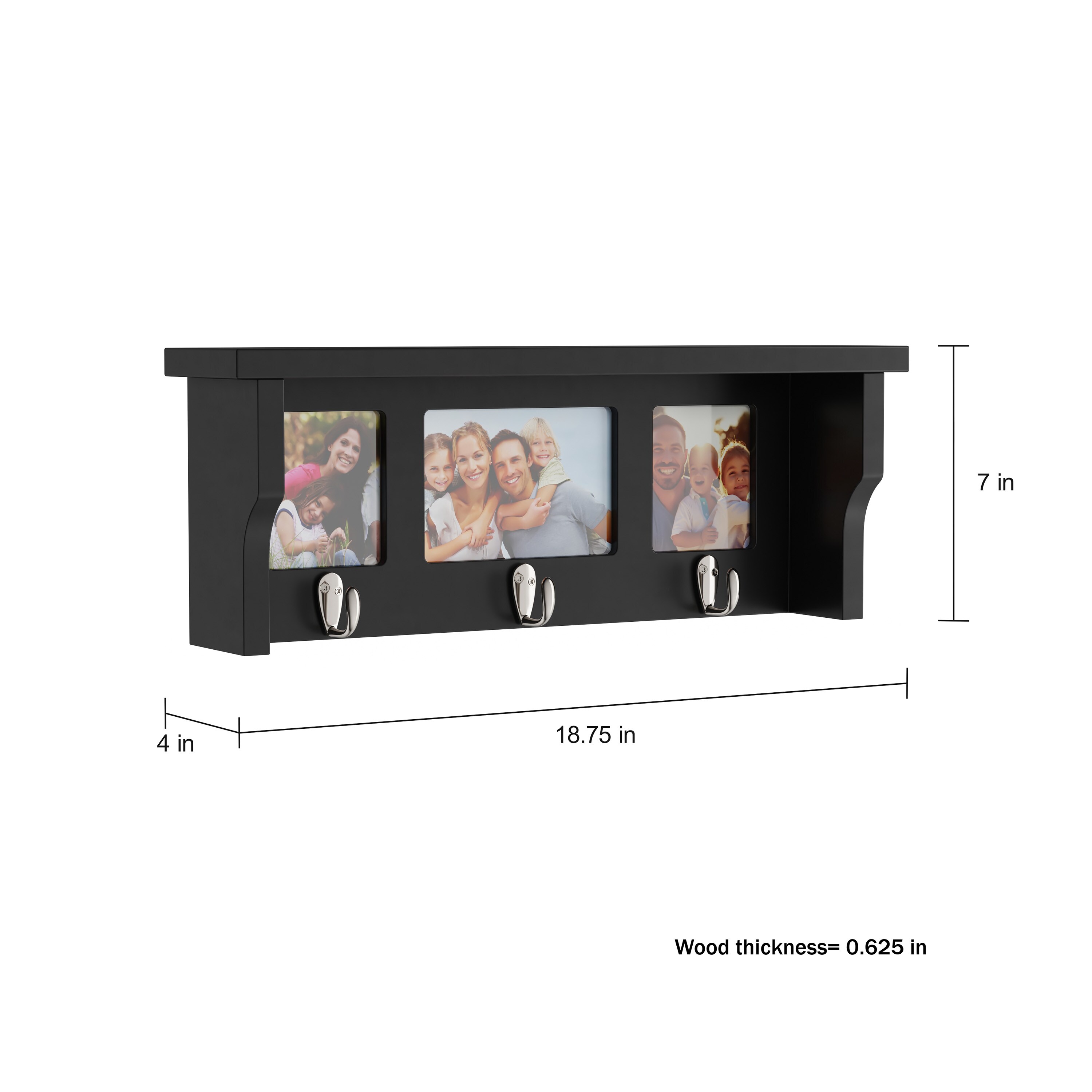 Black Wall Shelf with Picture Collage and Hooks
