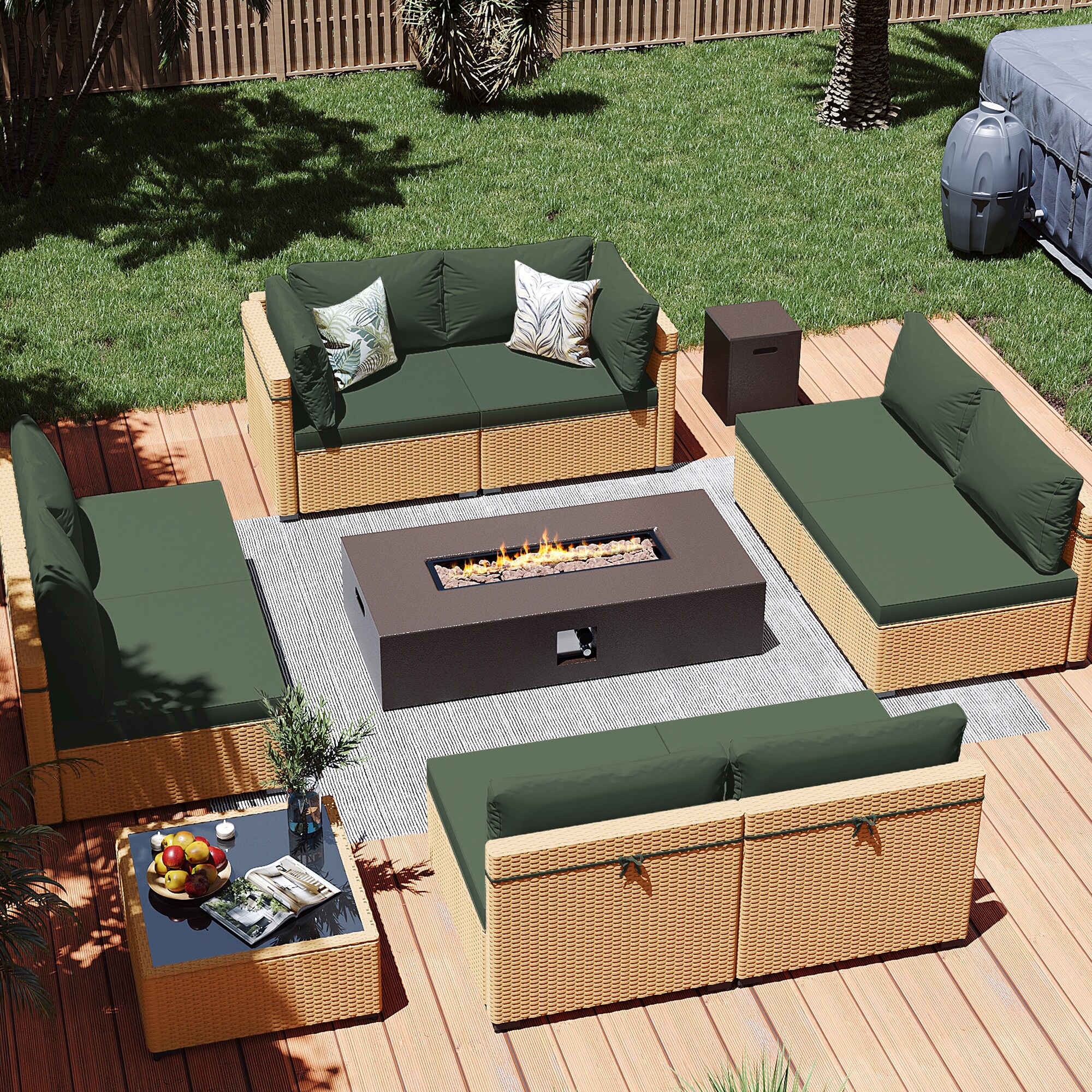 Patio Watcher LS-RT9-KD56BR-Y3 6 -Piece Rattan Patio Conversation Set with Green Cushions