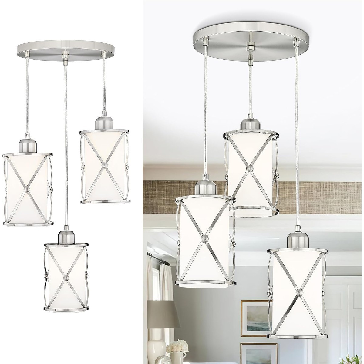Slagawa  3-Light Brushed Nickel Pendant Light with Frosted Glass for Kitchen Island Dining Room