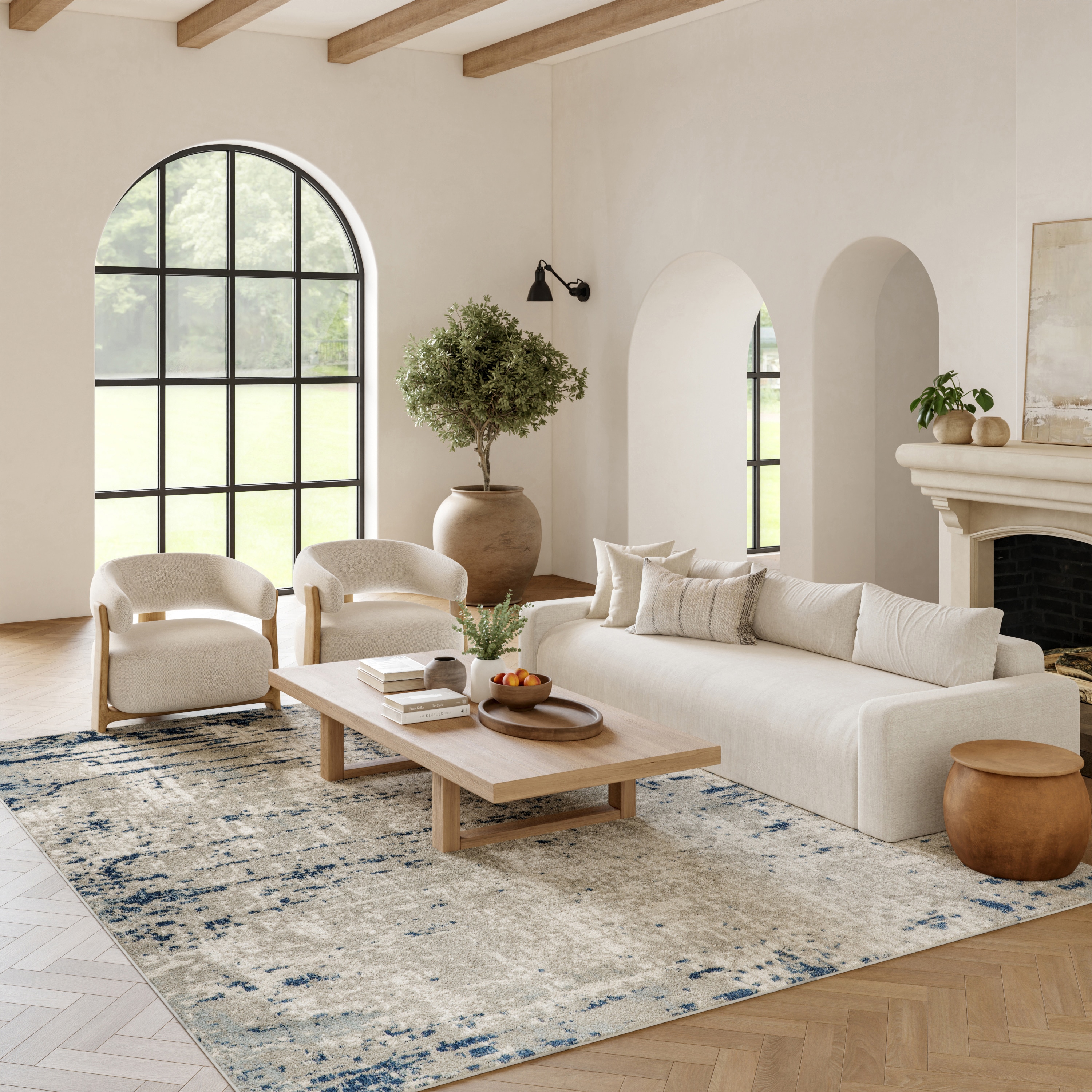 Nourison Home 099446914002 7 x 10 (ft) Loomed Ivory Grey Blue Rectangular Indoor Distressed/Overdyed Area rug