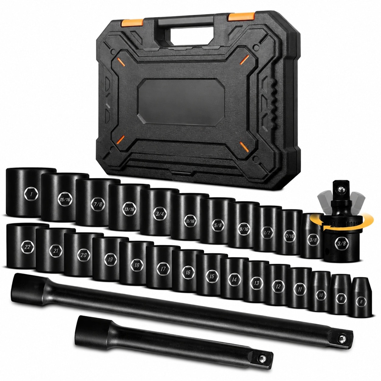 DYRCJ  3/8 Drive Impact Socket Set 29 Piece Shallow SAE and Metric Sockets with Extension Bars and Universal Joint CrV Steel