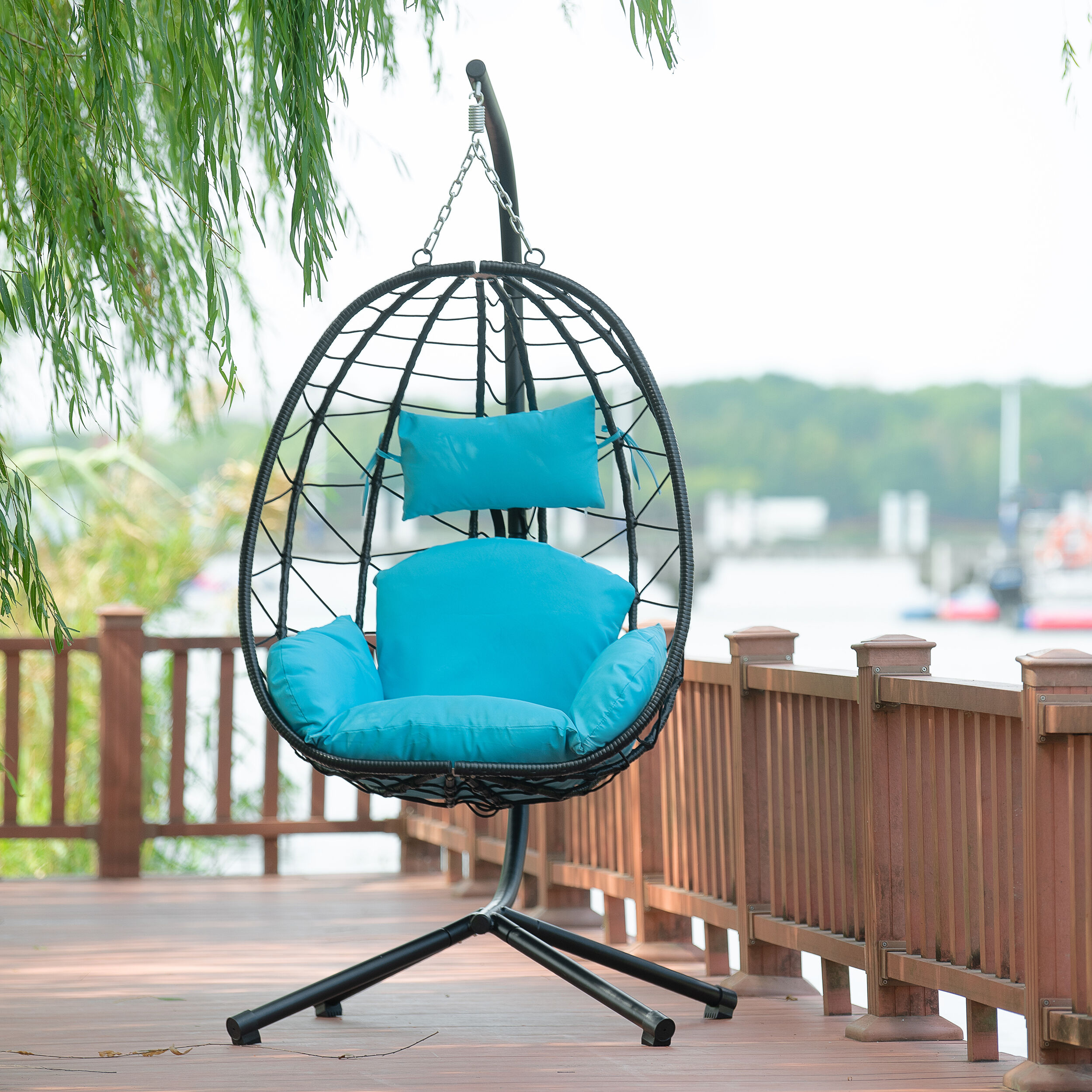 WELLFOR PECG-004 Black Wicker Frame Hanging Egg Chair with Blue Cushioned Seat