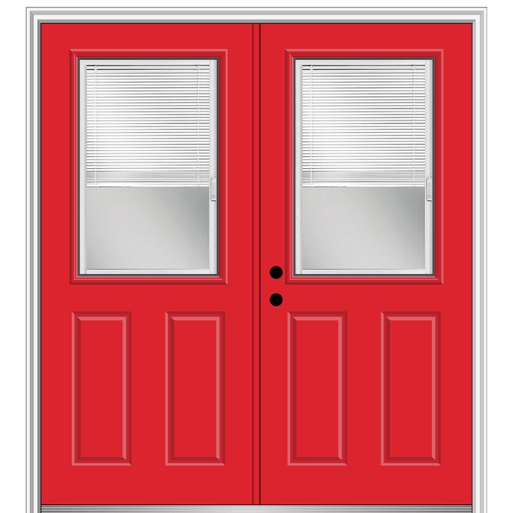 MMI DOOR ZZ24837R 64-in x 80-in x 4-9/16-in Fiberglass Half lite Right-hand inswing Red Saffron Painted Prehung Double Front Door with Brickmould Insulating core with Blinds