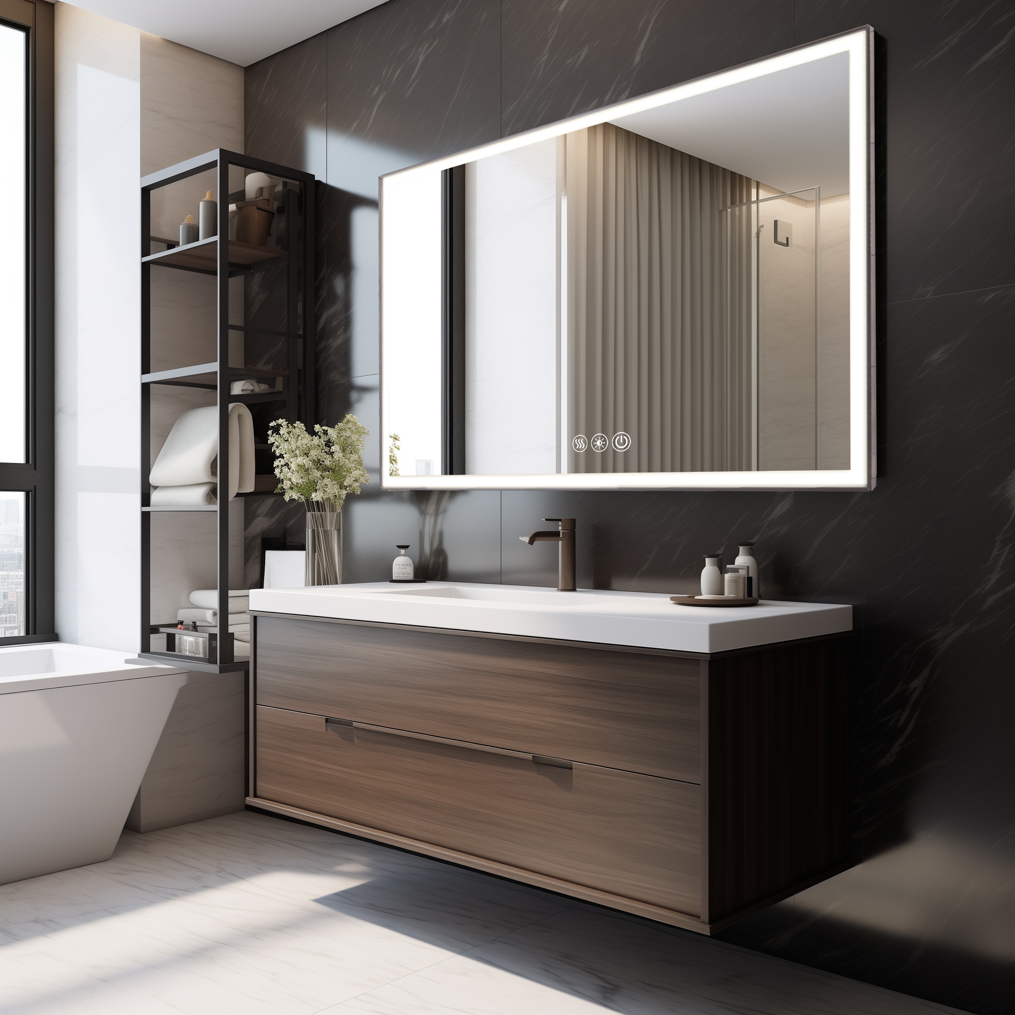 AAZJ LD-P268900 LED Framed Bathroom Vanity Mirror 48-in x 32-in Framed Frameless Rectangle Dimmable LED Lighted Fog Free Bathroom Vanity Mirror ( Silver )