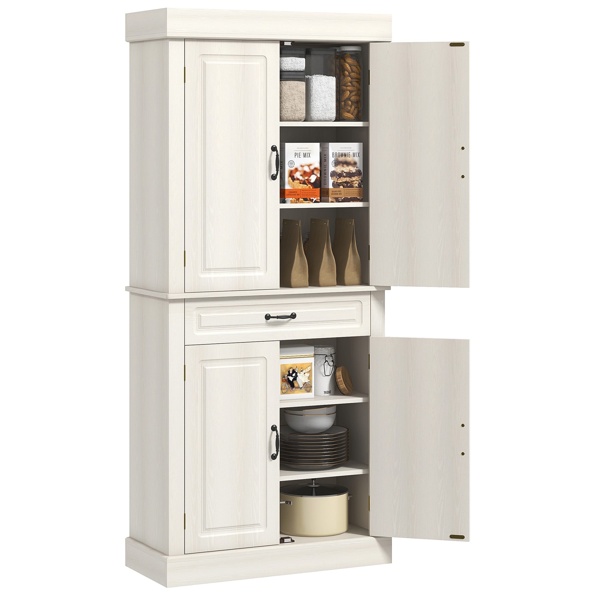 HomCom 835-346V82WT 71  Freestanding Kitchen Pantry with 4 Doors  and 2 Large Cabinets  Tall Storage Cabinet with Wide Drawer for Kitchen Dining Room  White