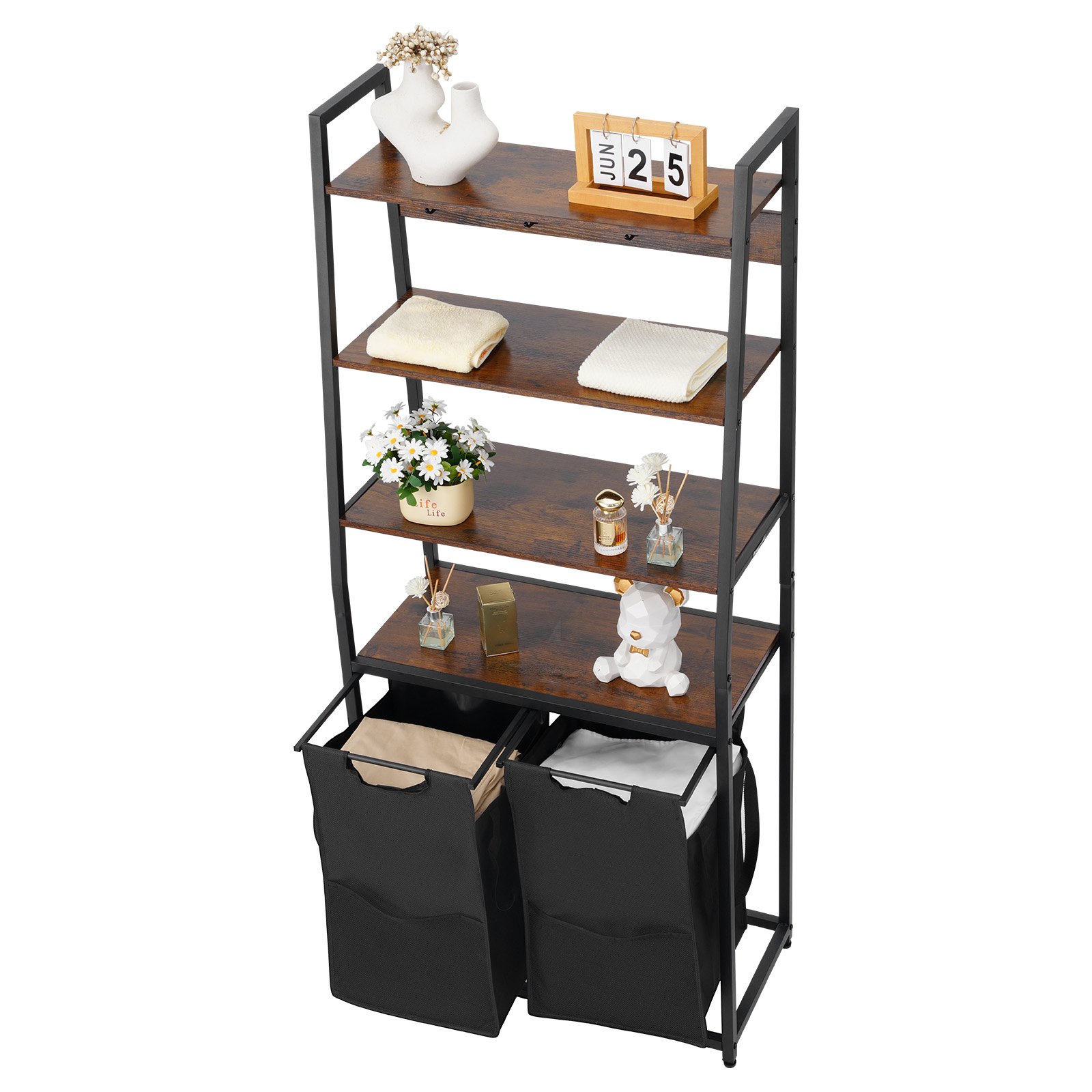 Slickblue Laundry Hampers and Baskets 2 Unit Black Carbon Steel and Fabric 2 Compartment Sorter with Four Storage Shelves Pull Out Laundry Bags and Tabletop