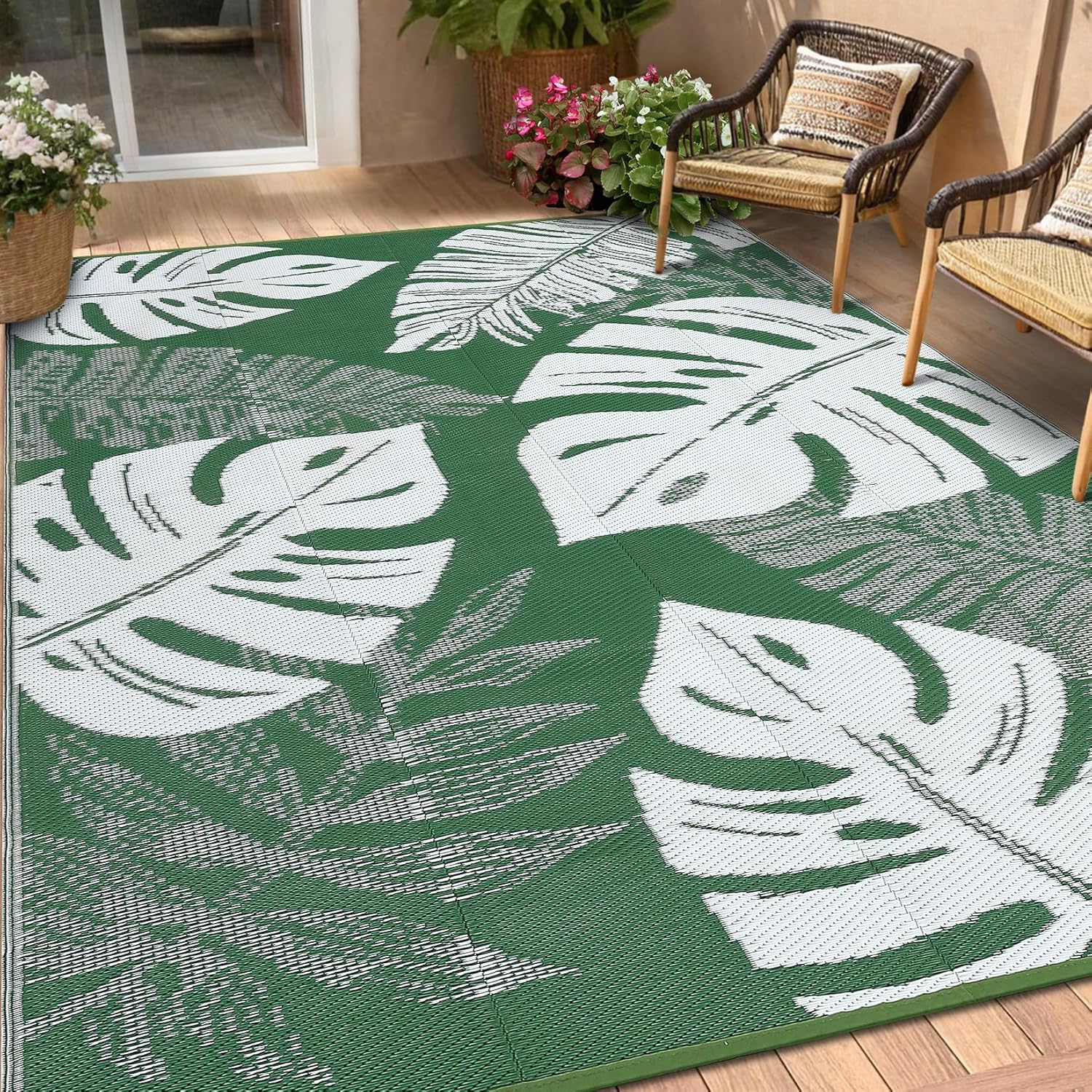 Aoile 9x18 Outdoor Area Rug - Waterproof Reversible Monstera Leaf