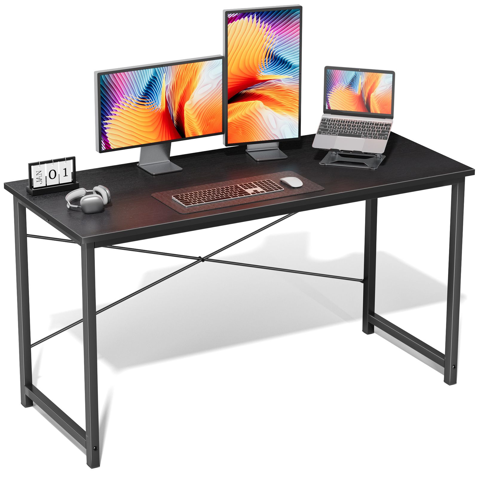 JUSHUA 55in Computer Office Desk for Small Spaces Writing Gaming Work Desk Modern Kids Study Table with Storage Bag and Headphone Hook