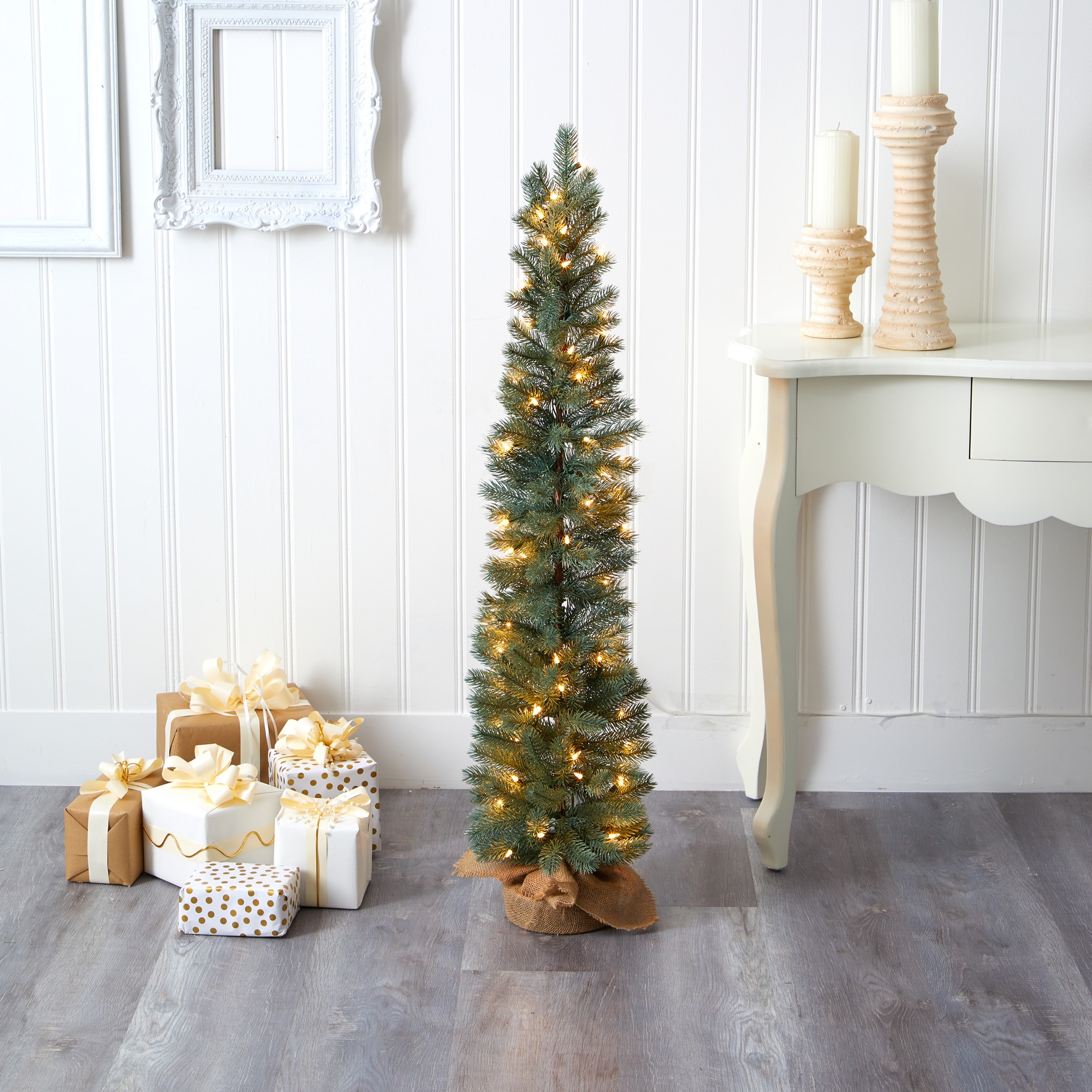 4ft Green Pine Artificial Christmas Tree with Warm White Lights and Burlap Base