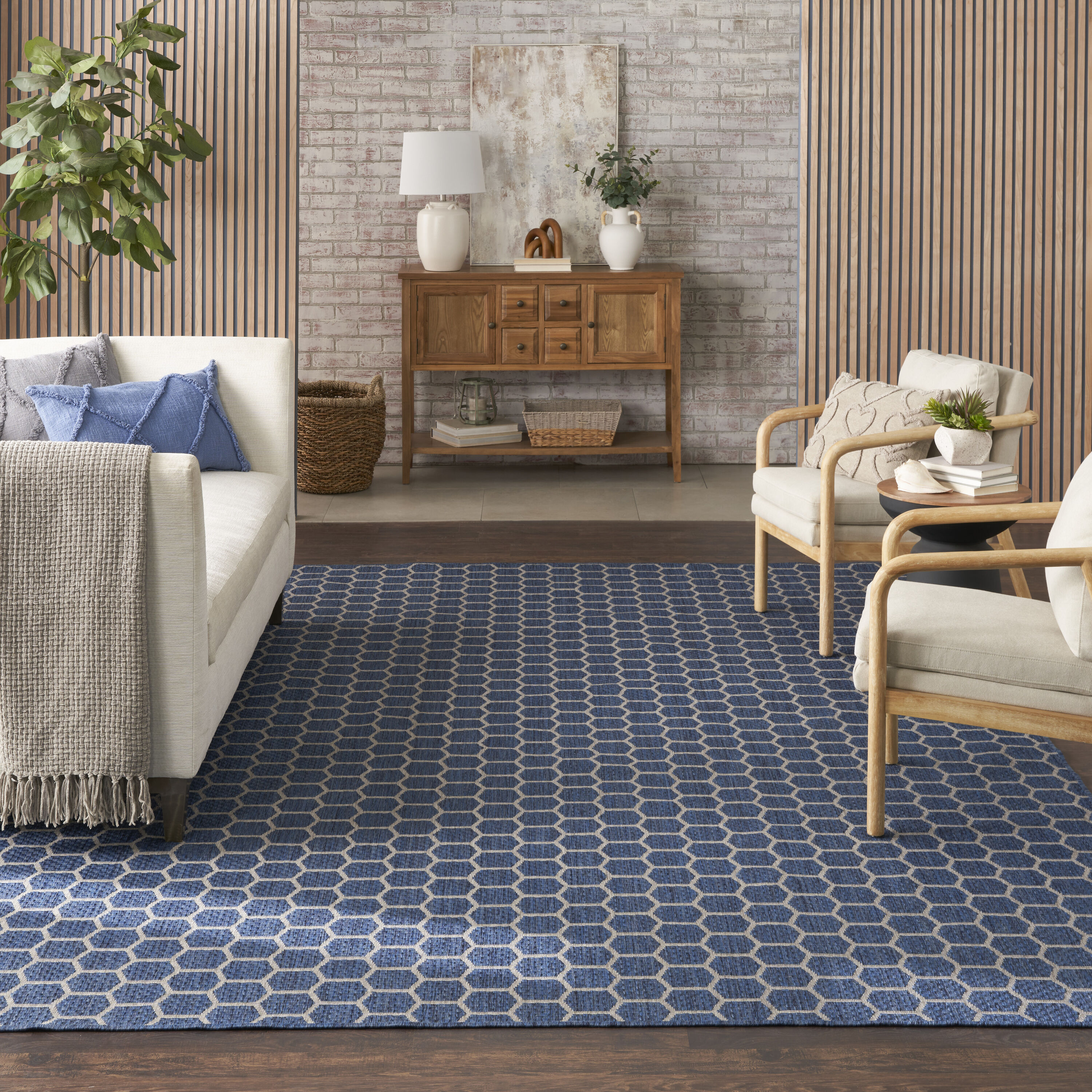 Nourison Home 099446974075 Reversible Indoor Outdoor 8 x 10 (ft) Polyester/Polypropylene Blue Rectangular Indoor/Outdoor Geometric Area rug