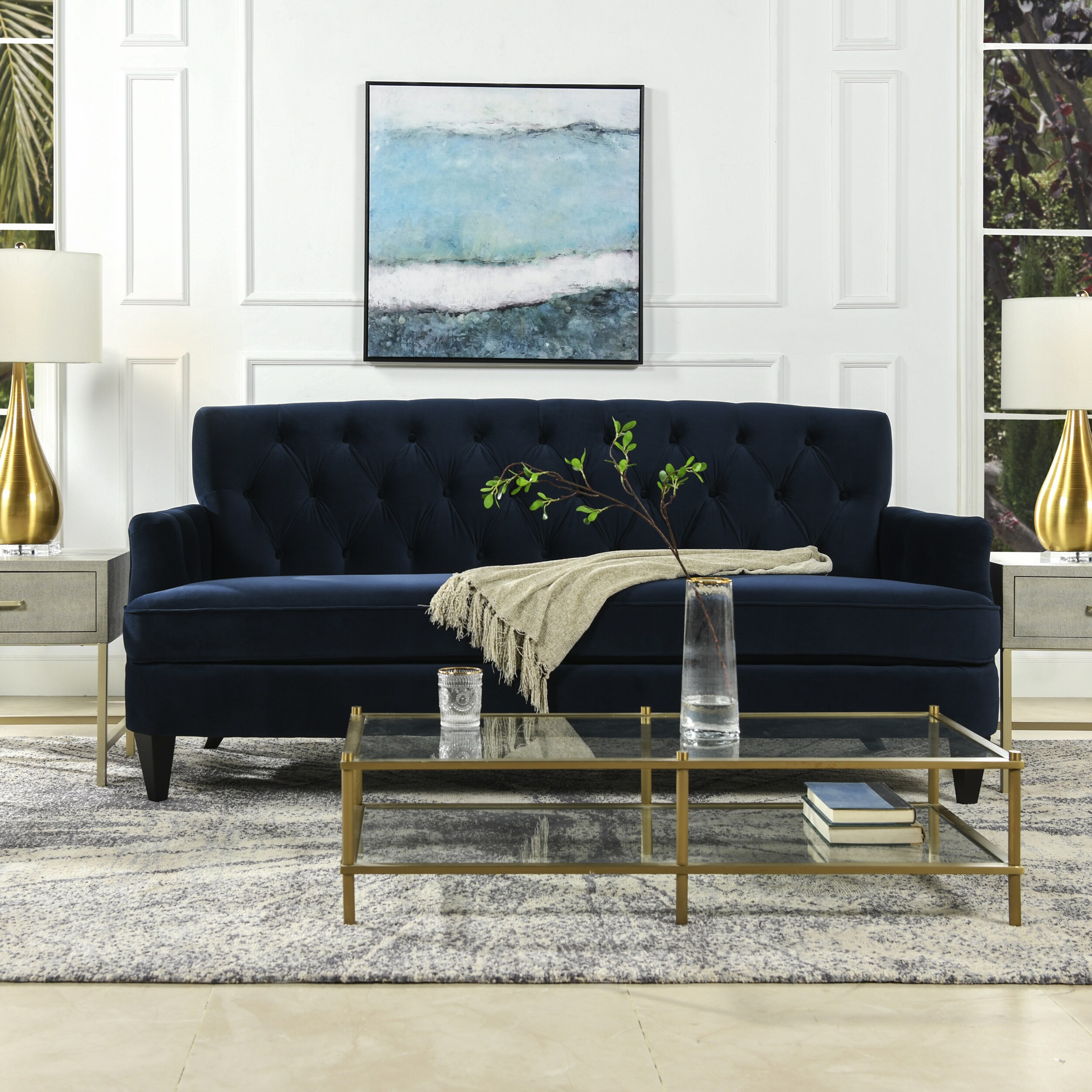 Jennifer Taylor Home Kelly 75-in Midcentury Dark Navy Blue Velvet 3 ...