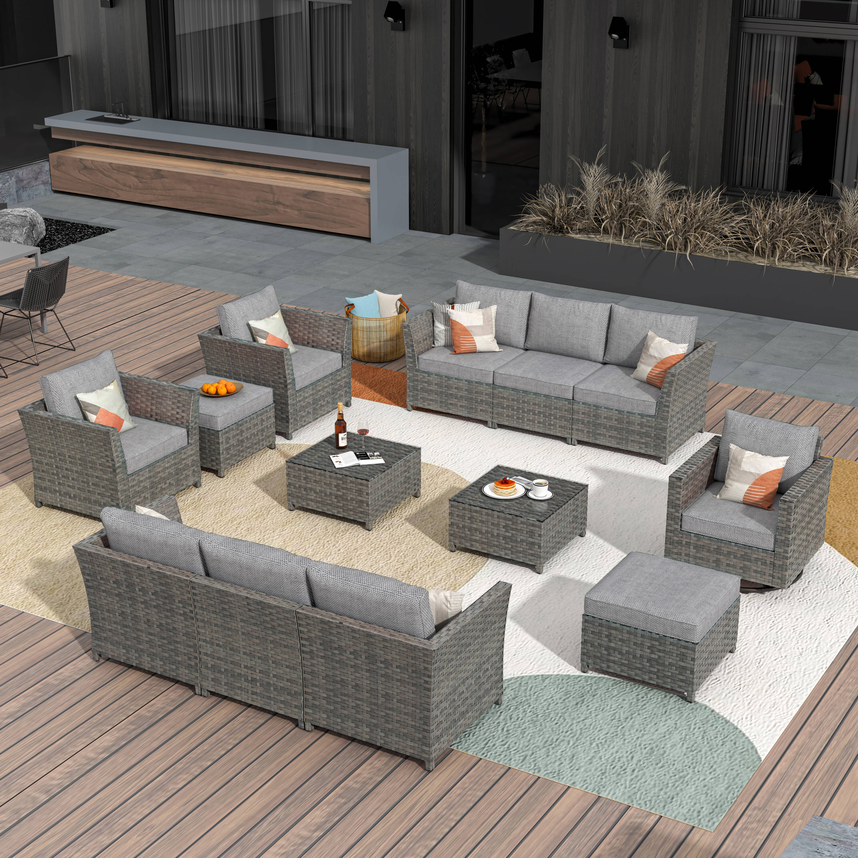 Pouuin Rattan Outdoor Sectional with Gray Cushion(S) and Rattan Frame ...