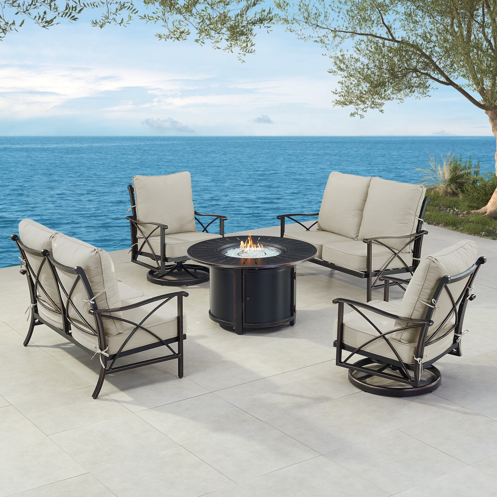 Oakland Living AHRI2LS2CHNOBULGCUIB Fire Pit Table Set, Two Loveseats, Two Lounge Chairs, Wind Guard and Ice Bucket 19 -Piece Patio Conversation Set with Gray Cushions