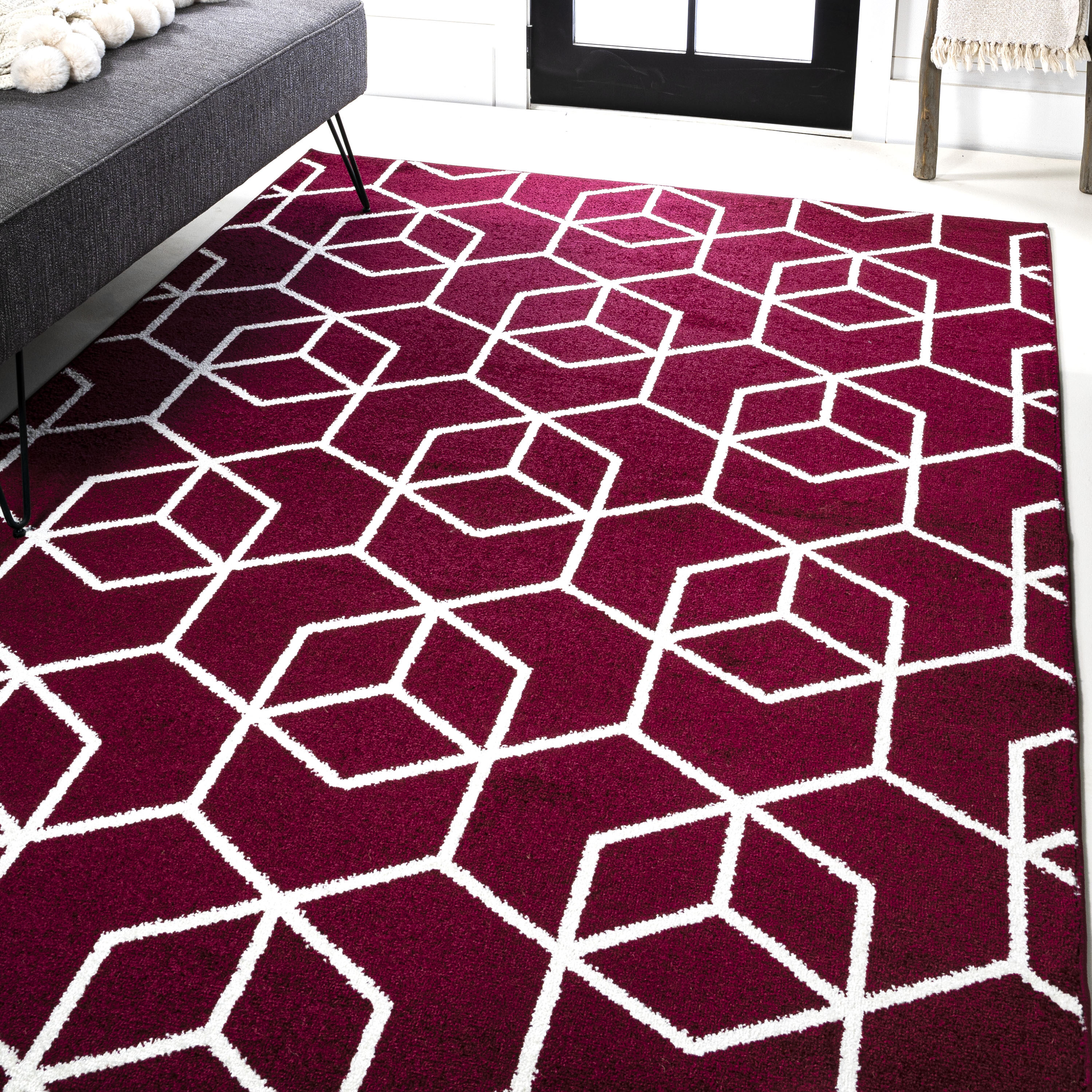 JONATHAN  Y SEU101I-3 SUPERSOFT Tumbling Blocks 3 x 5 (ft) Loomed Polypropylene Red/White Rectangular Indoor Geometric Mid-Century Modern Area rug