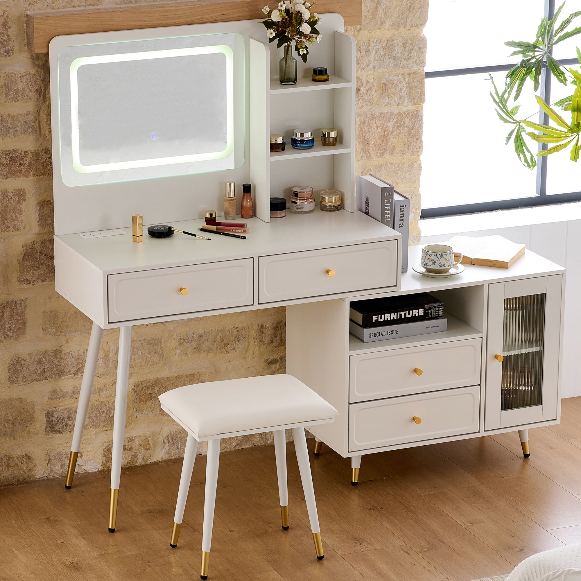 LUXEYARD Modern Makeup Vanity Desk with Mirror and Lights Retractable Dressing Table with Drawers and Cabinet Compact Makeup Table Set with Power Outlet for Bedroom White