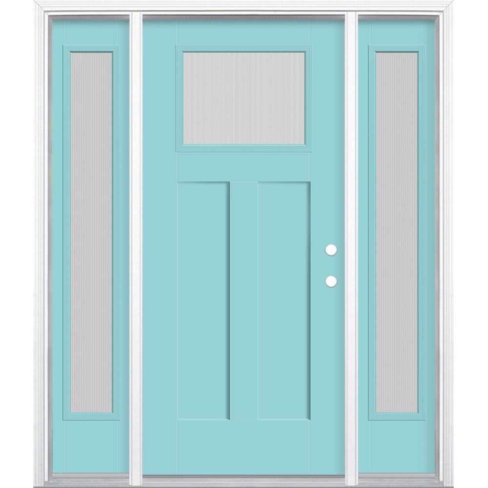 Masonite 629655 64-in x 80-in x 4-9/16-in Fiberglass Craftsman Left-hand inswing Caribbean Blue Painted Prehung Front Door with Sidelights with Brickmould Insulating core