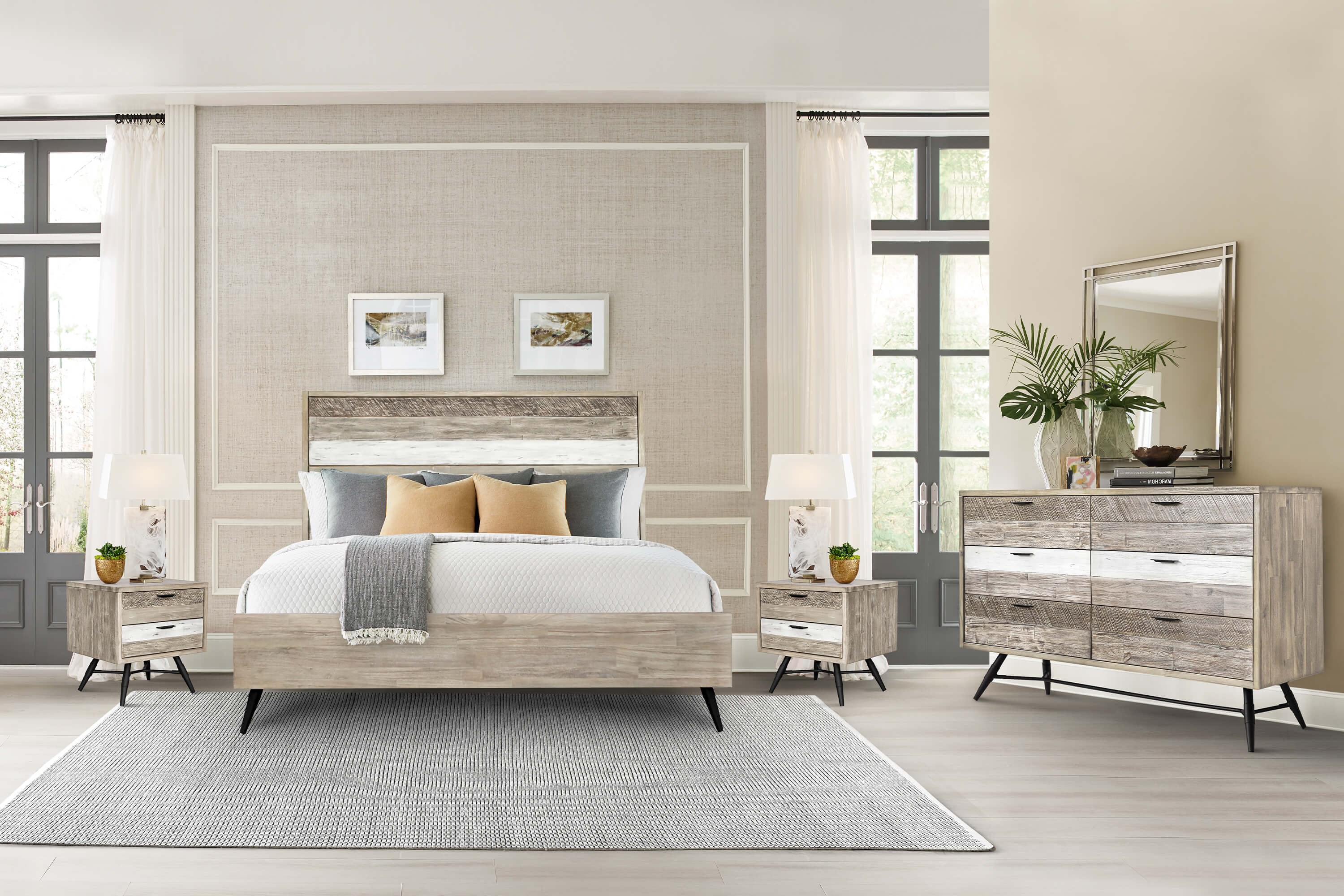 Transitional Two-Tone Acacia Wood King Platform Bed with Headboard