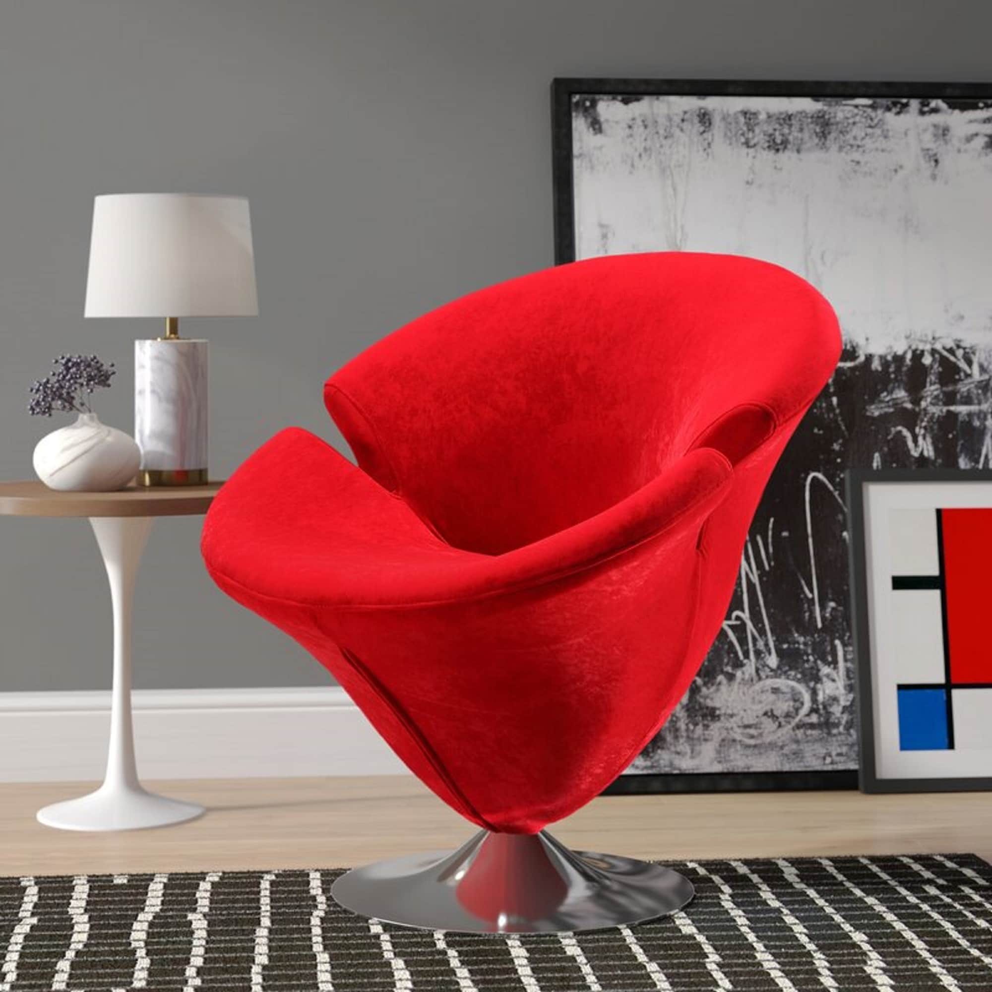 Manhattan Comfort AC029-RD Tulip Modern Red and Polished Chrome Velvet Swivel Accent Chair
