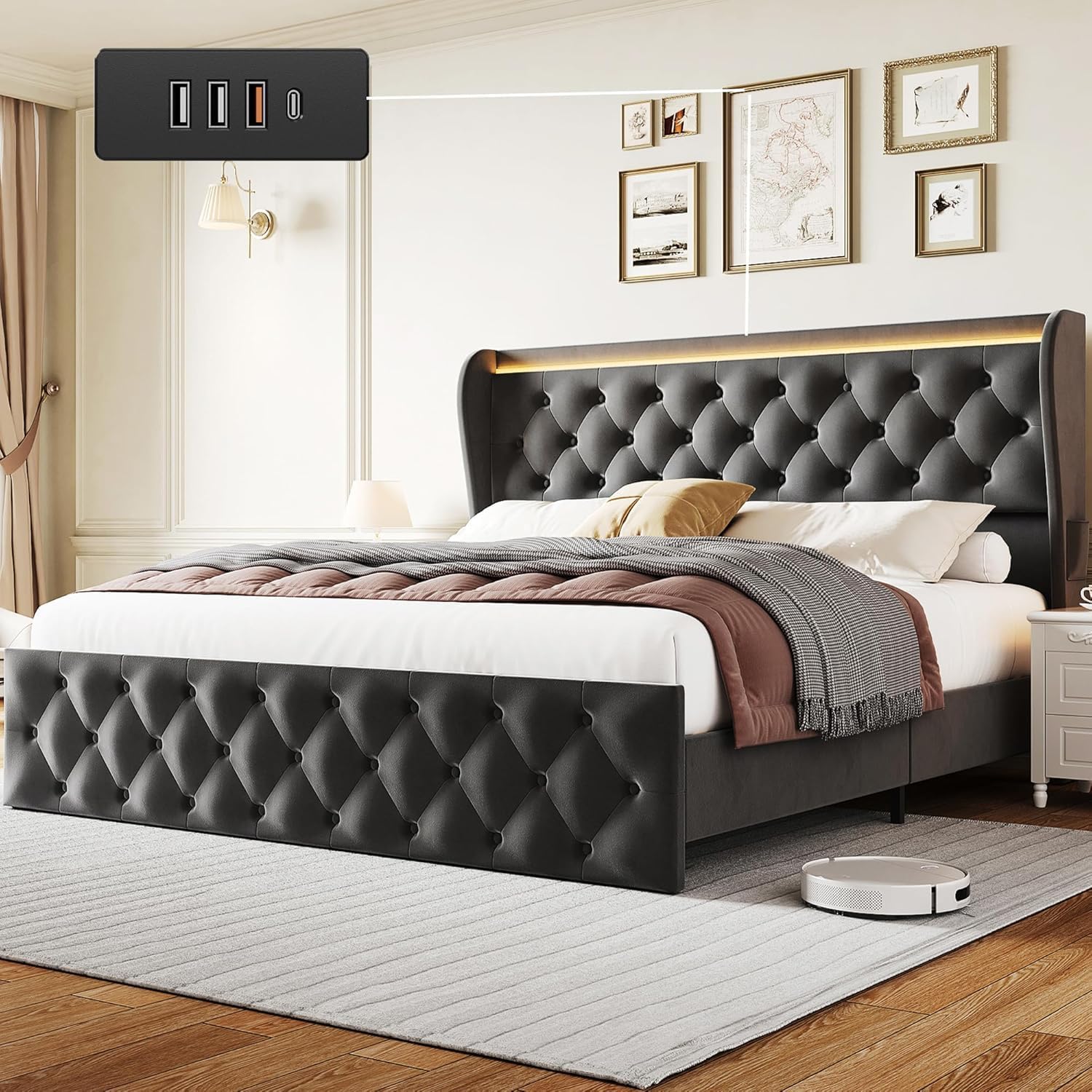 Qeetex LHF-BED-PHO-15HJXLXE King LED Platform Bed Frame with Charging Station Velvet Upholstered Bed Frame with Button Wingback Headboard Metal Frame with No Box Spring Needed Gray