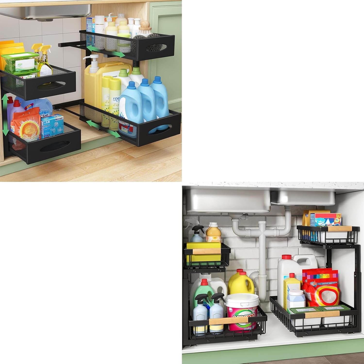 Kitstorack KS-B0F5-B66LC7 2 Pack Under Sink Organizer and 2 Pack Pull Out Cabinet Organizer Baskets with Mesh