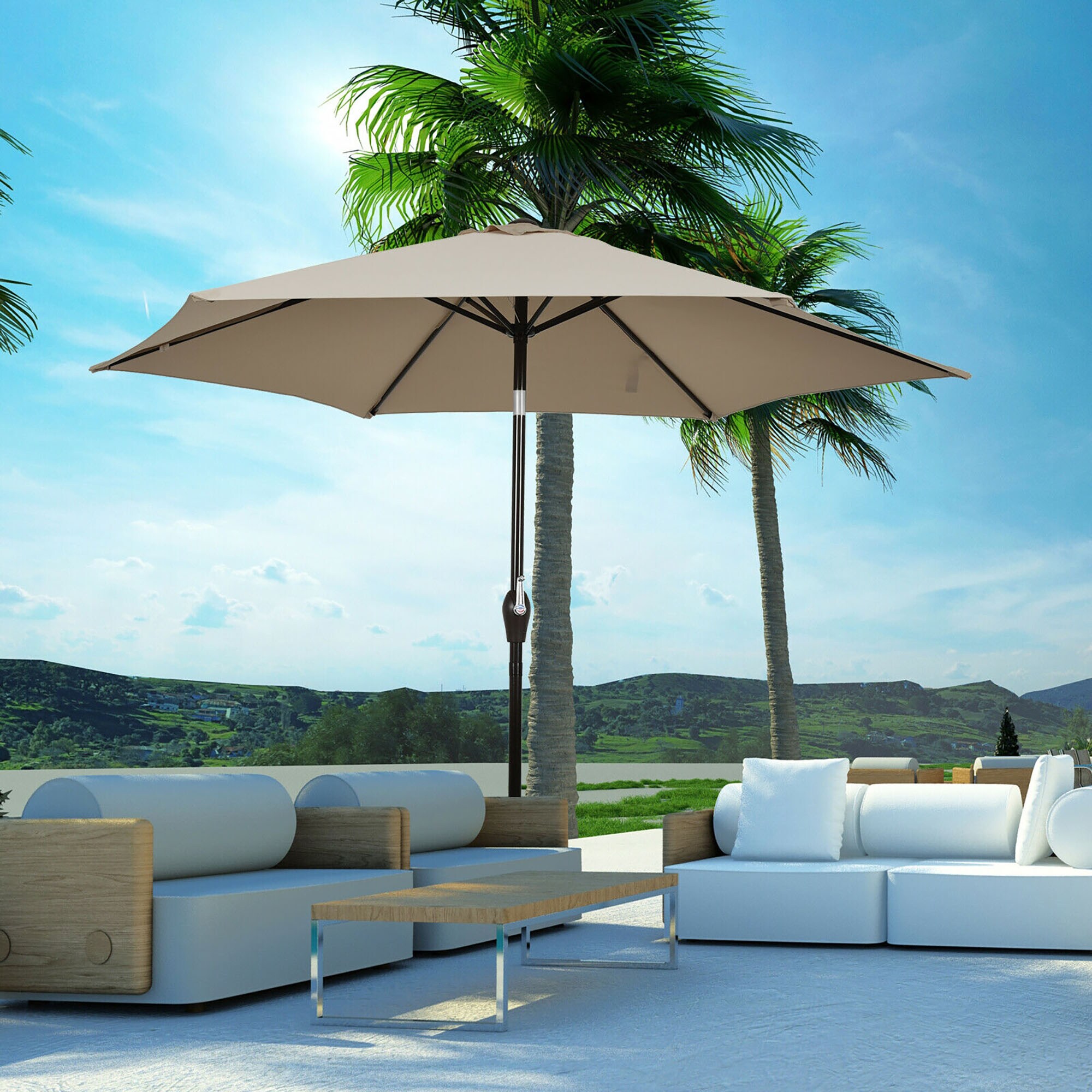 CASAINC 9-ft Tan Push-button Tilt Garden Patio Umbrella in the Patio ...