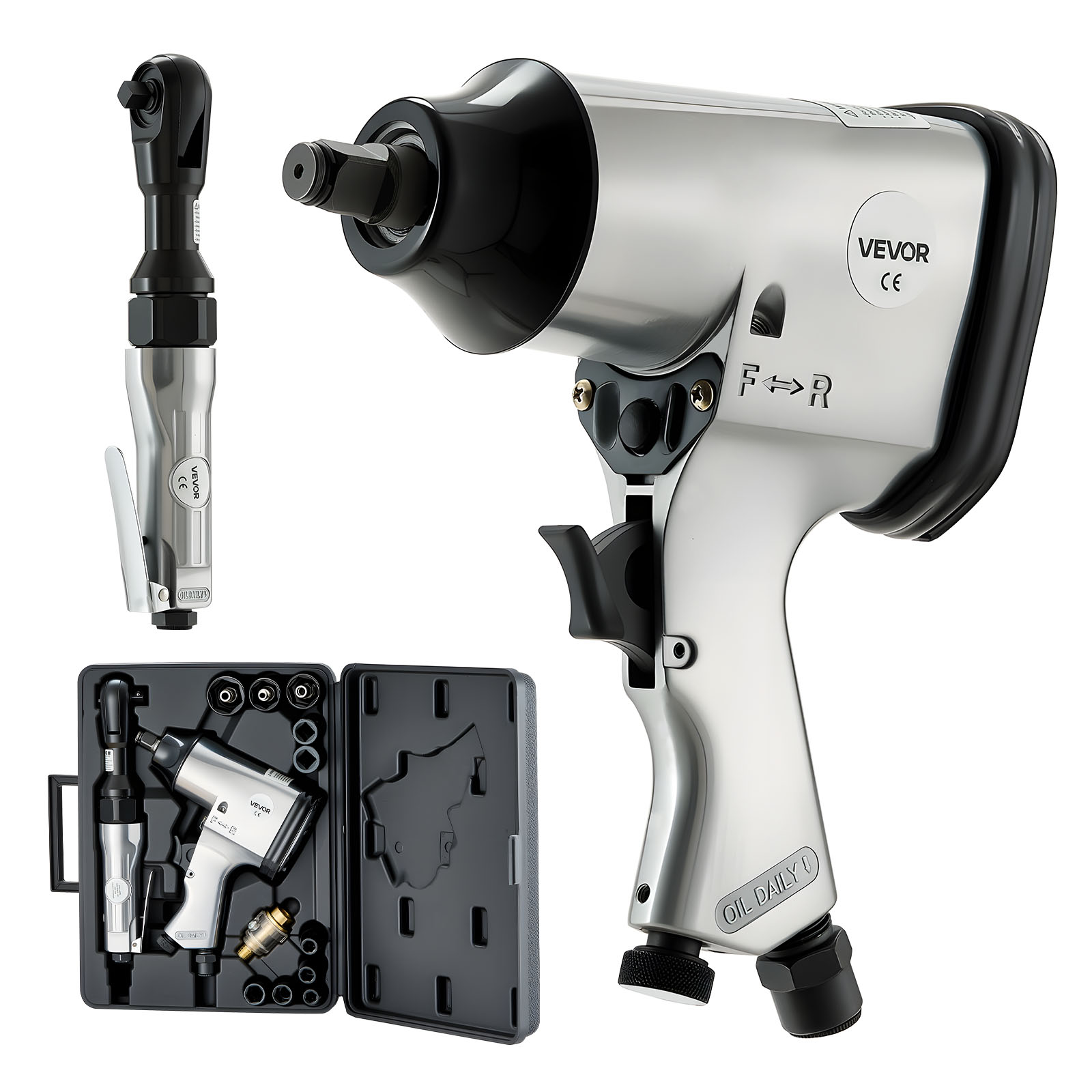 VEVOR 1/2in Air Impact Wrench and 3/8in Ratchet Wrench Combo 19 Pieces Pro Air Tool and Accessories Kit - Includes 10PCS CR-V Steel Impact Socket Set and Carrying Case for Auto Repair Home DIY Projects