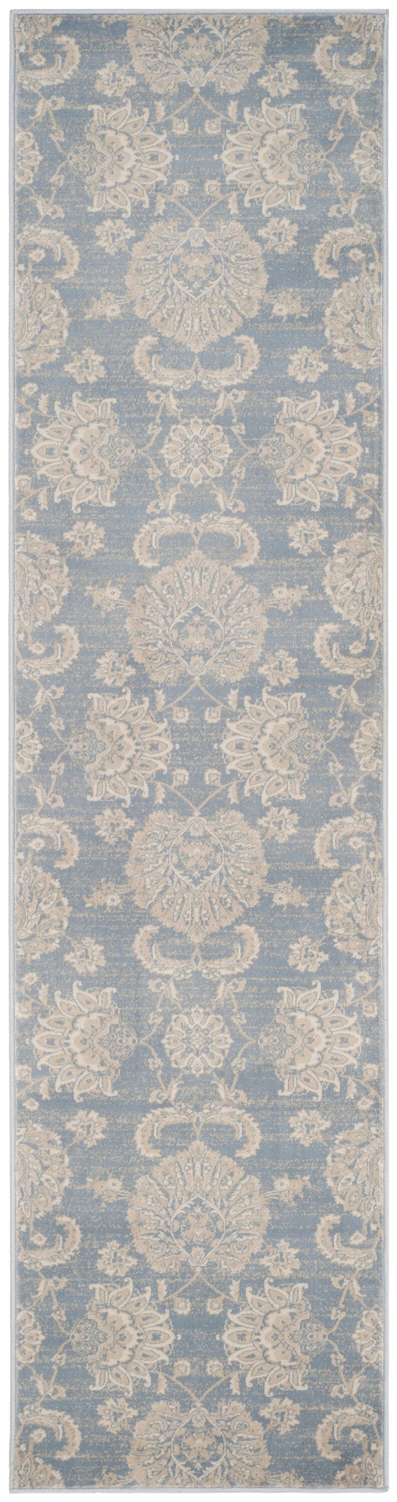Light Blue and Ivory Viscose Floral Runner Rug, 2'2" x 8'