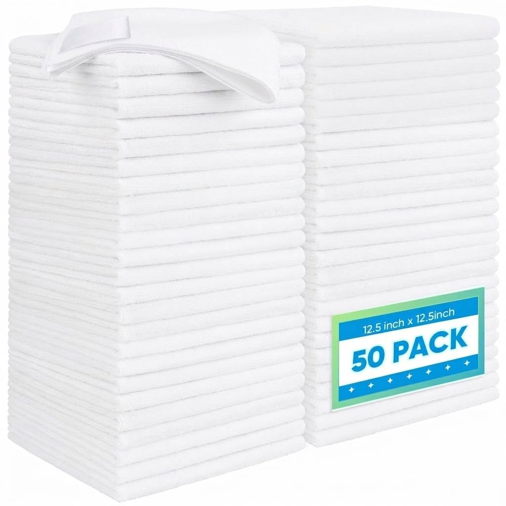 Phyfalip  White Microfiber Cleaning Cloth 50 Pack 12 5 x 12 5 Inch Ultra Absorbent Lint Free Streak Free Towels for Car Kitchen Window Furniture