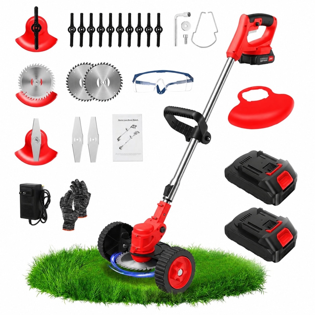 Justincity  24V Electric Weed Wacker with Wheels 3 in 1 Cordless Grass Trimmer Edger Brush Cutter Adjustable Telescoping Pole for Lawn and Yard