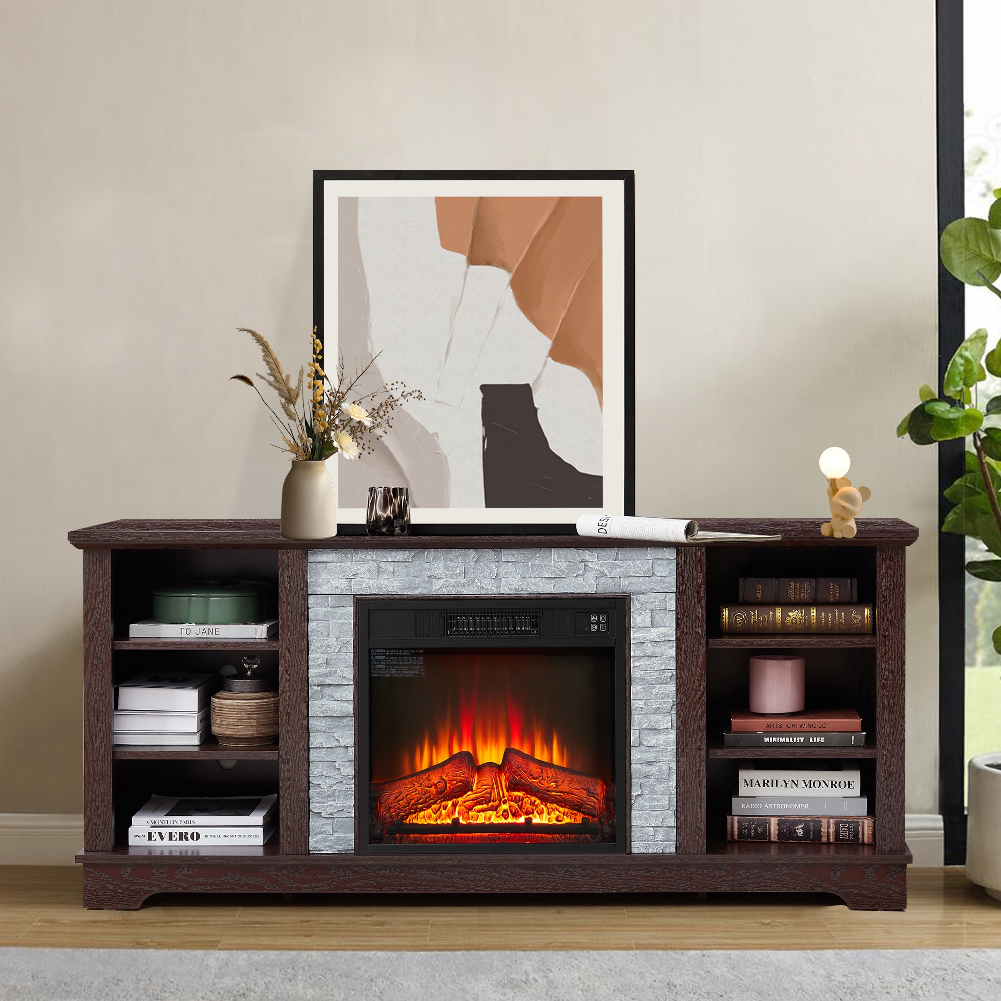Sunrinx MG8-FP-16 58.26-in W Cherry TV Stand with LED Flat wall Electric Fireplace with Remote Control Included