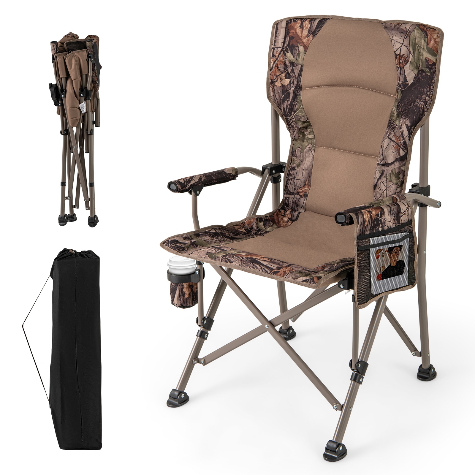 Slickblue - Folding Khaki/Black Camping Chair with Metal Frame Carrying Bag Cup Holder and Side P...